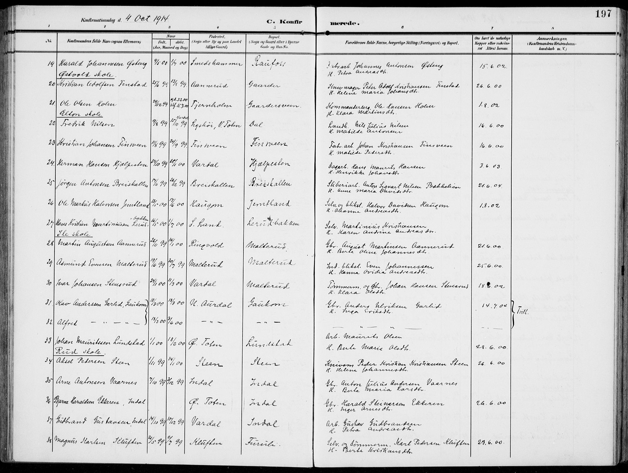 Vestre Toten prestekontor, AV/SAH-PREST-108/H/Ha/Haa/L0014: Parish register (official) no. 14, 1907-1920, p. 197