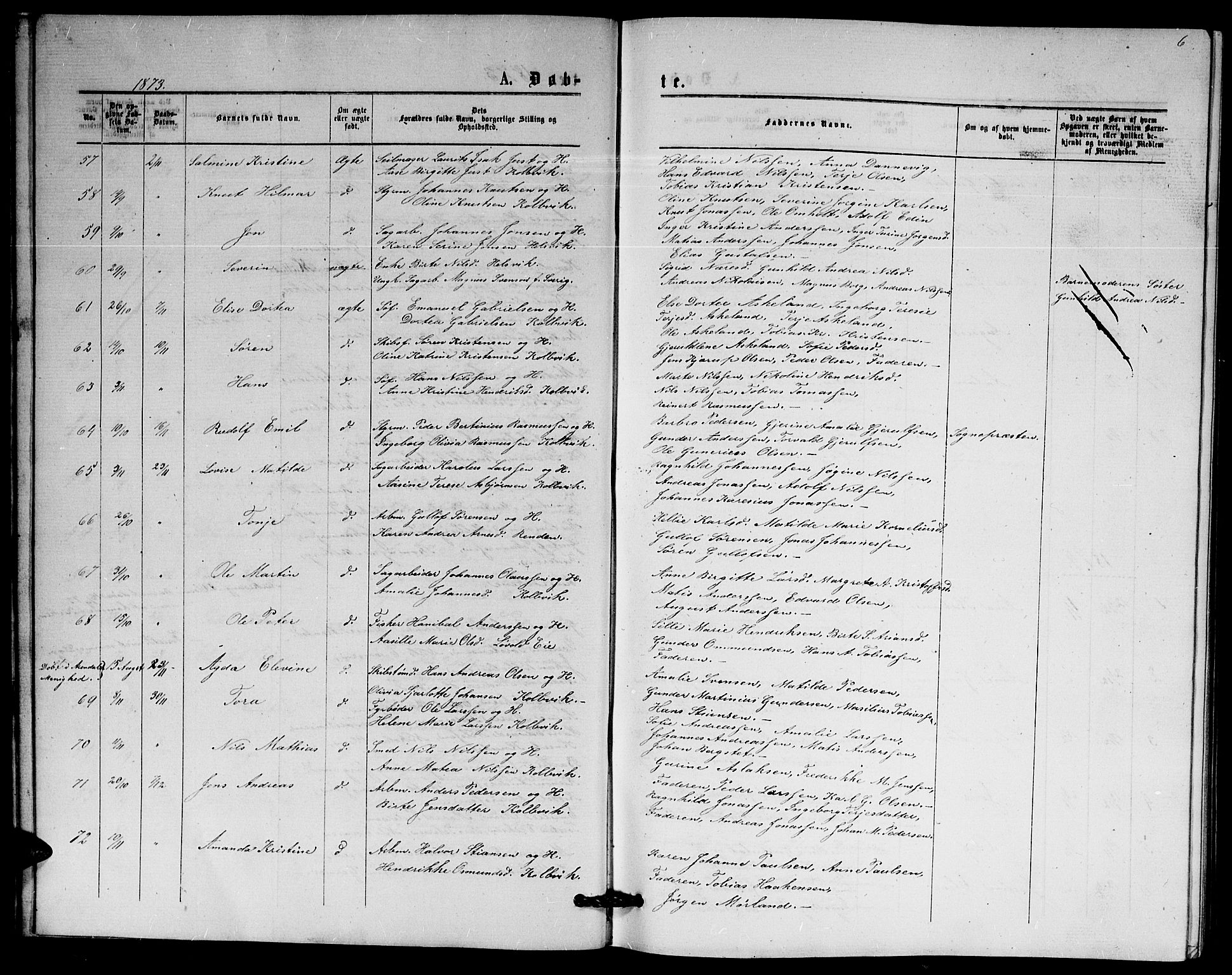 Hisøy sokneprestkontor, SAK/1111-0020/F/Fb/L0002: Parish register (copy) no. B 2, 1873-1885, p. 6