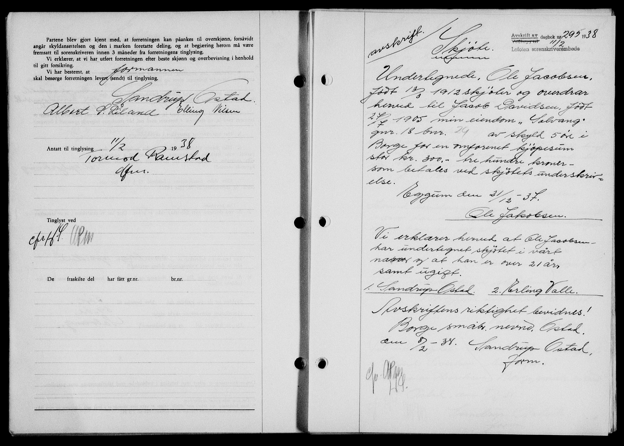 Lofoten sorenskriveri, SAT/A-0017/1/2/2C/L0003a: Mortgage book no. 3a, 1937-1938, Diary no: : 295/1938
