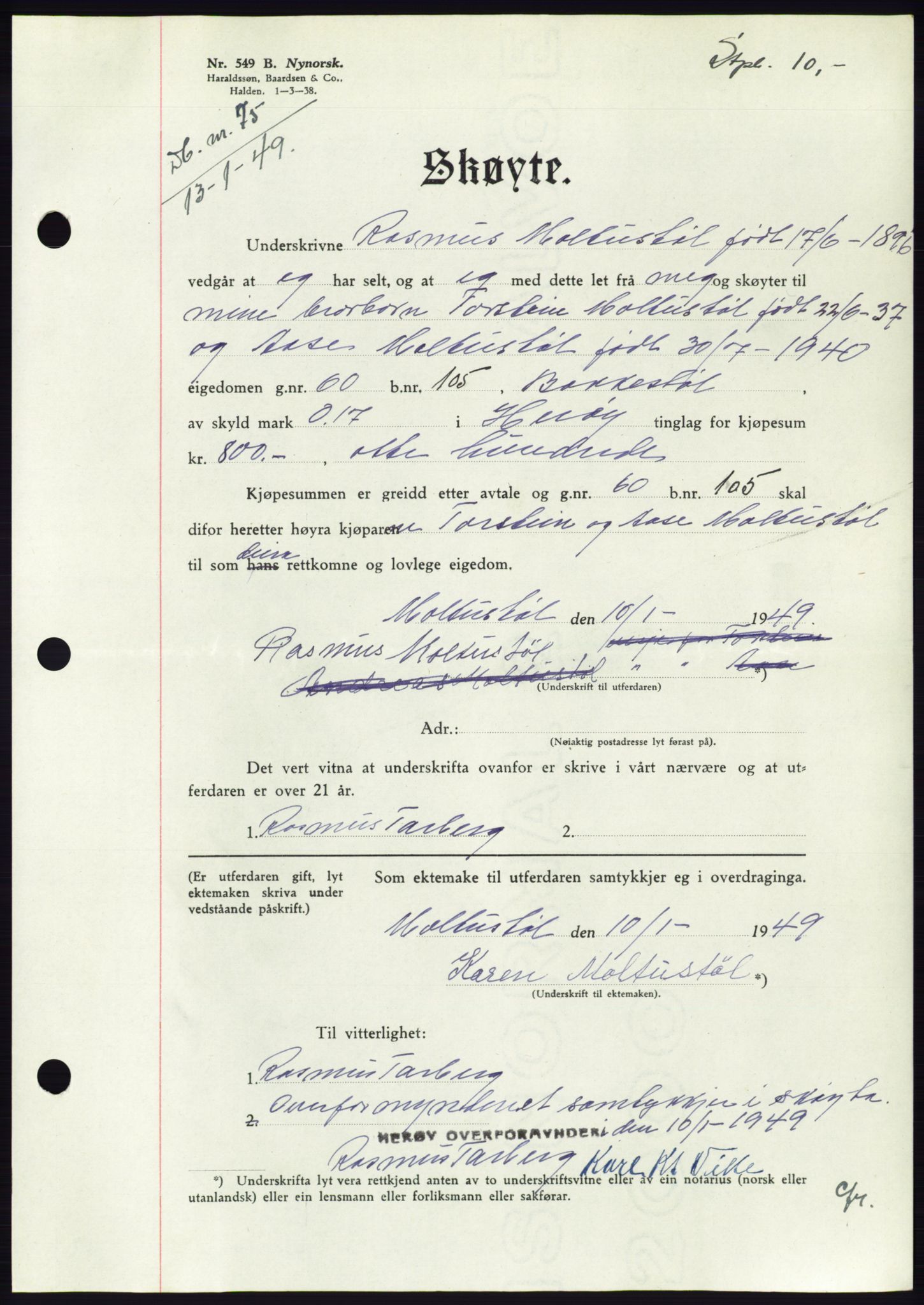 Søre Sunnmøre sorenskriveri, AV/SAT-A-4122/1/2/2C/L0083: Mortgage book no. 9A, 1948-1949, Diary no: : 75/1949