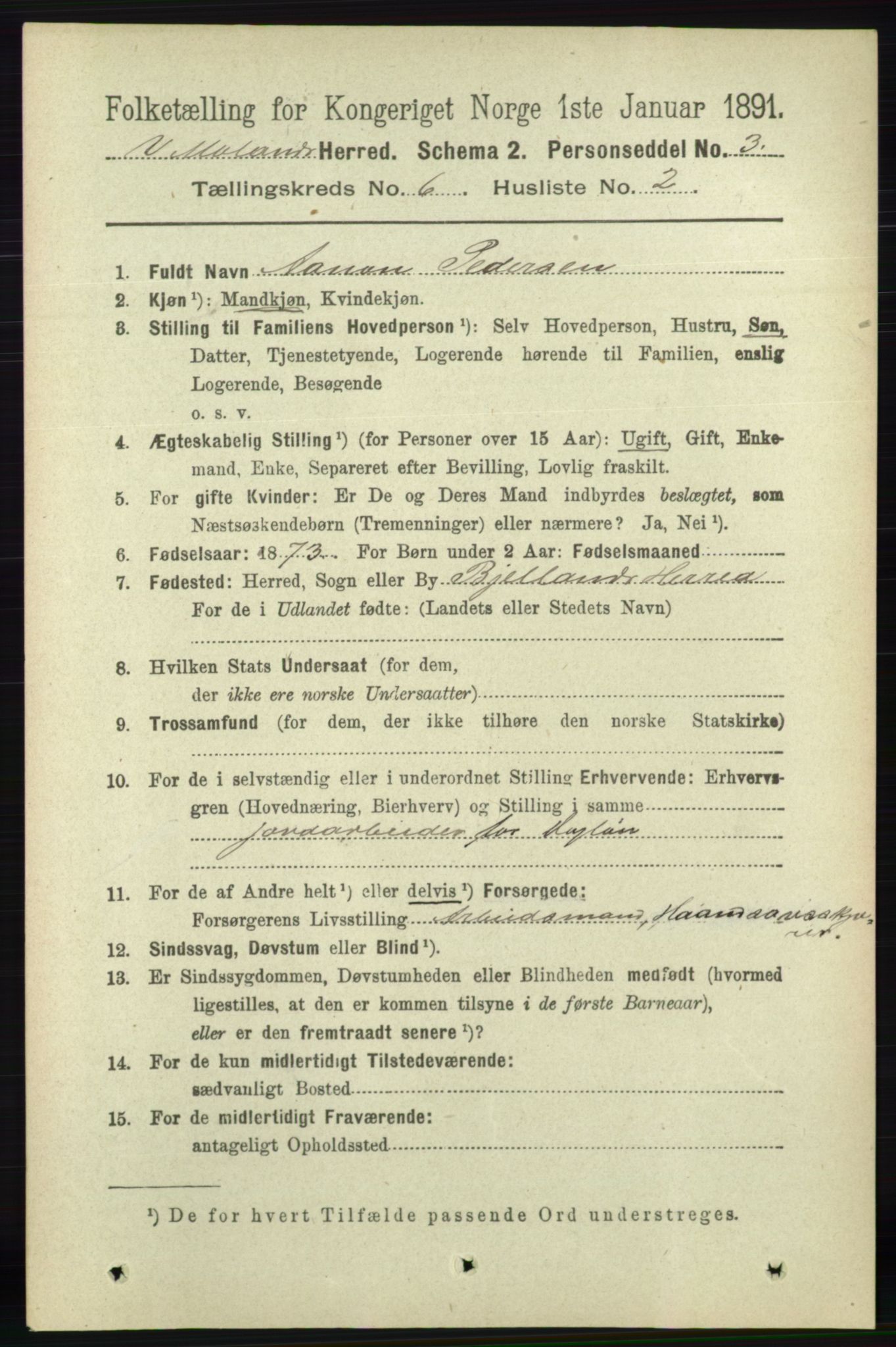 RA, 1891 census for 0926 Vestre Moland, 1891, p. 2355