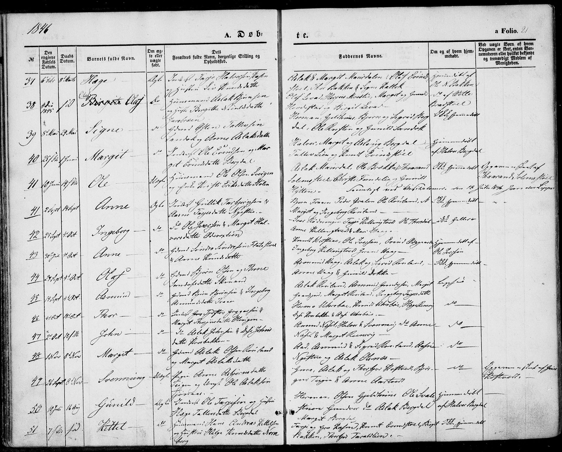 Vinje kirkebøker, AV/SAKO-A-312/F/Fa/L0004: Parish register (official) no. I 4, 1843-1869, p. 21