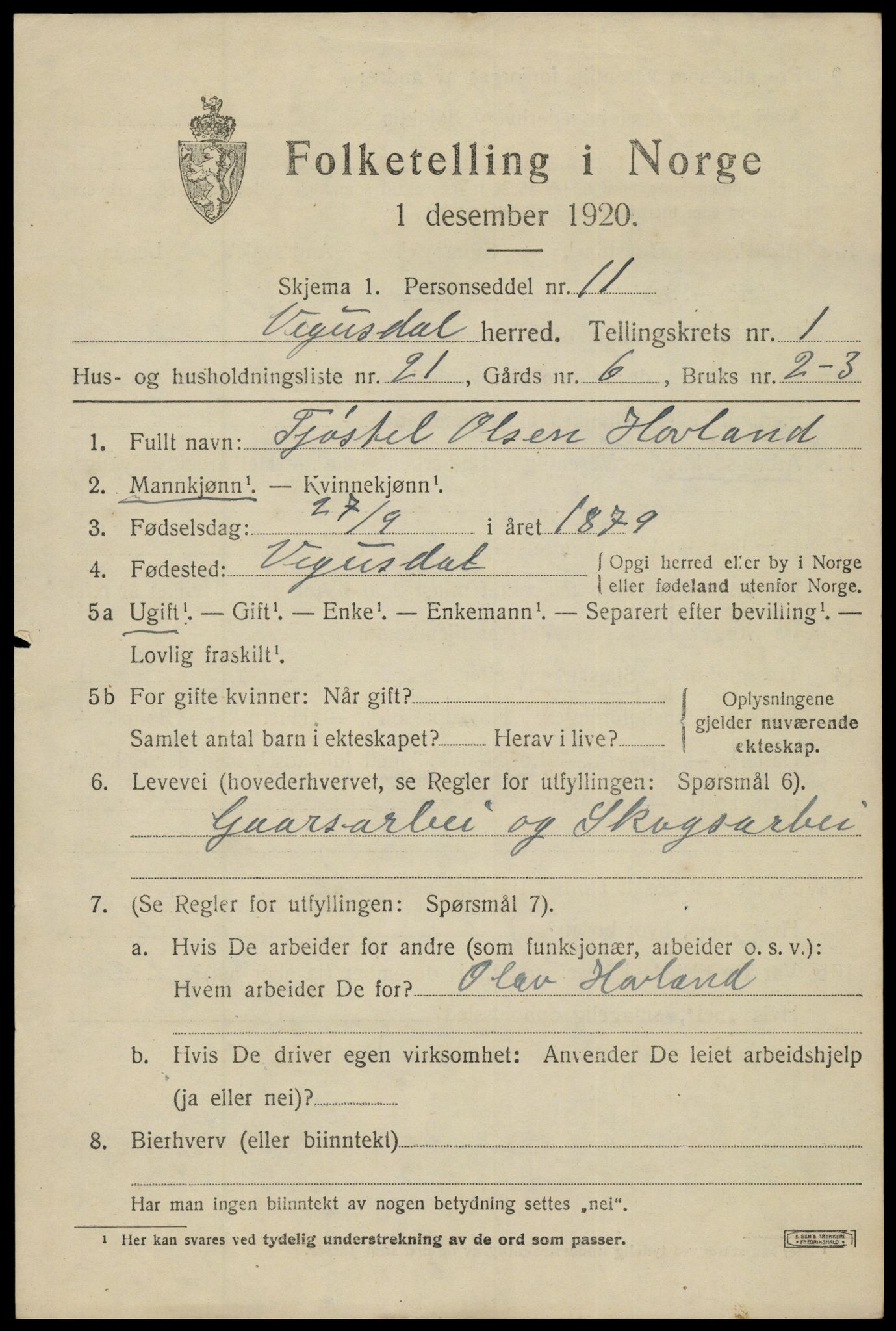 SAK, 1920 census for Vegusdal, 1920, p. 625