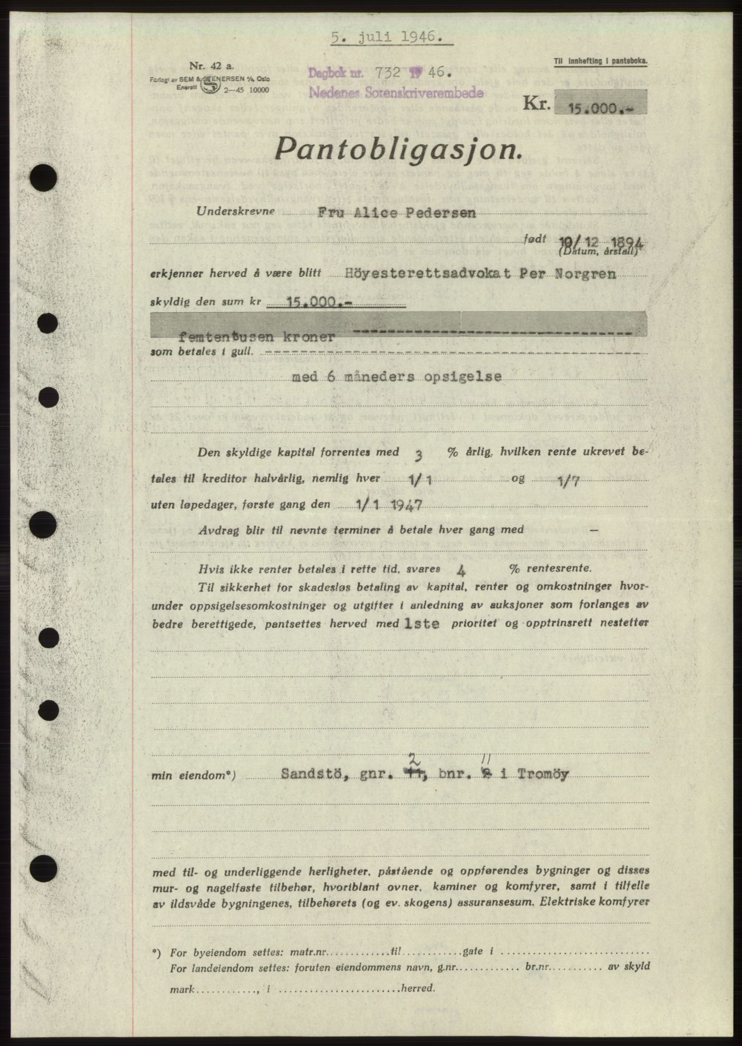 Nedenes sorenskriveri, SAK/1221-0006/G/Gb/Gbb/L0003: Mortgage book no. B3b, 1946-1946, Diary no: : 732/1946