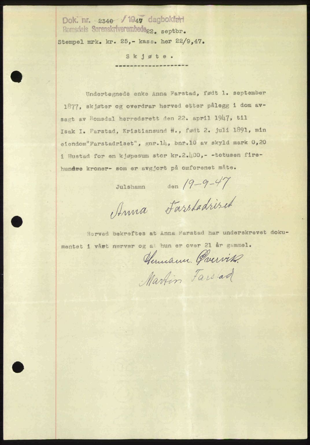 Romsdal sorenskriveri, SAT/A-4149/1/2/2C: Mortgage book no. A24, 1947-1947, Diary no: : 2340/1947