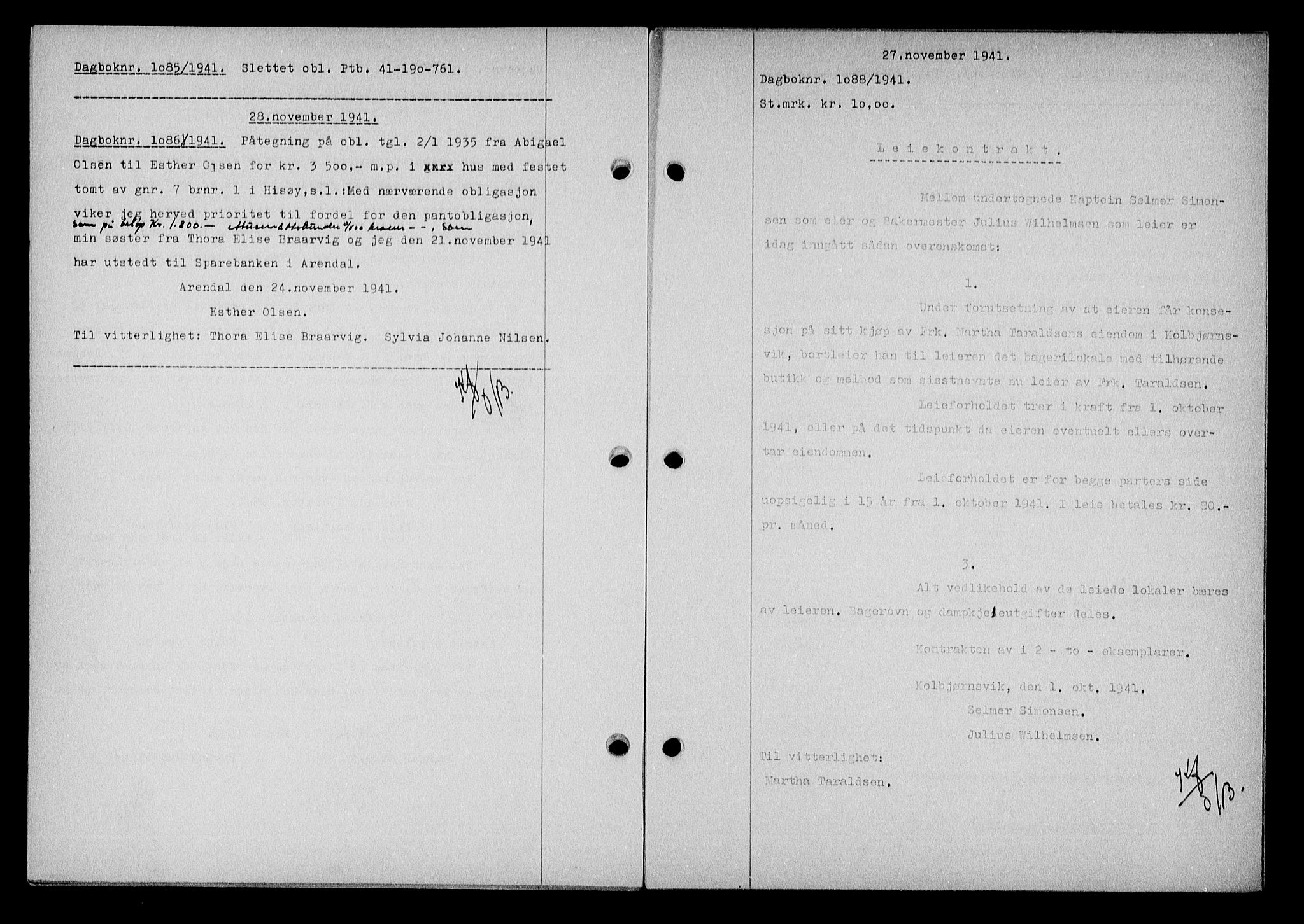 Nedenes sorenskriveri, SAK/1221-0006/G/Gb/Gba/L0049: Mortgage book no. A-III, 1941-1942, Diary no: : 1088/1941