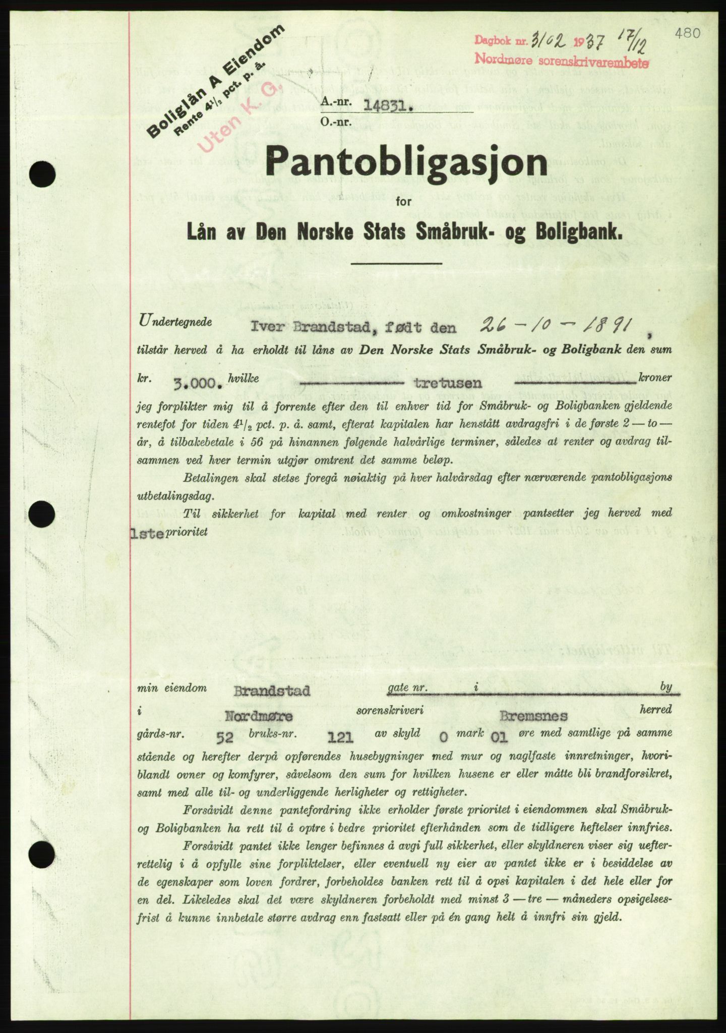 Nordmøre sorenskriveri, AV/SAT-A-4132/1/2/2Ca/L0092: Mortgage book no. B82, 1937-1938, Diary no: : 3102/1937