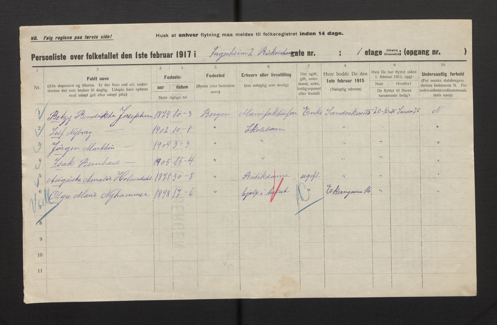 SAB, Municipal Census 1917 for Bergen, 1917, p. 7141