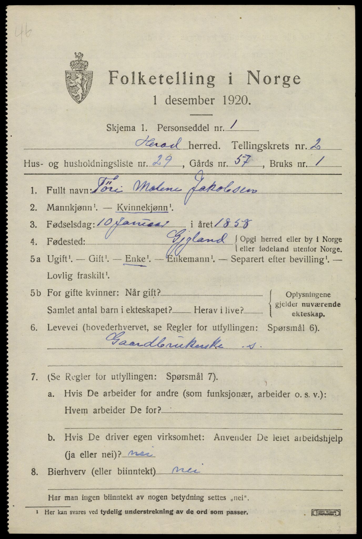 SAK, 1920 census for Herad, 1920, p. 1330