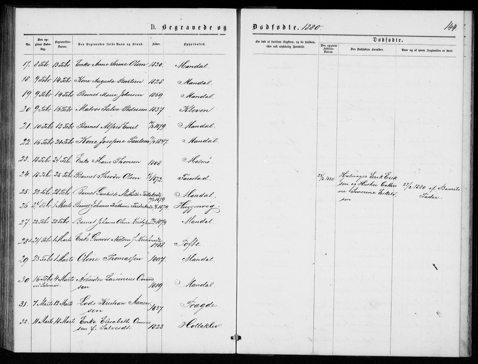 Mandal sokneprestkontor, AV/SAK-1111-0030/F/Fb/Fba/L0010: Parish register (copy) no. B 4, 1876-1880, p. 144