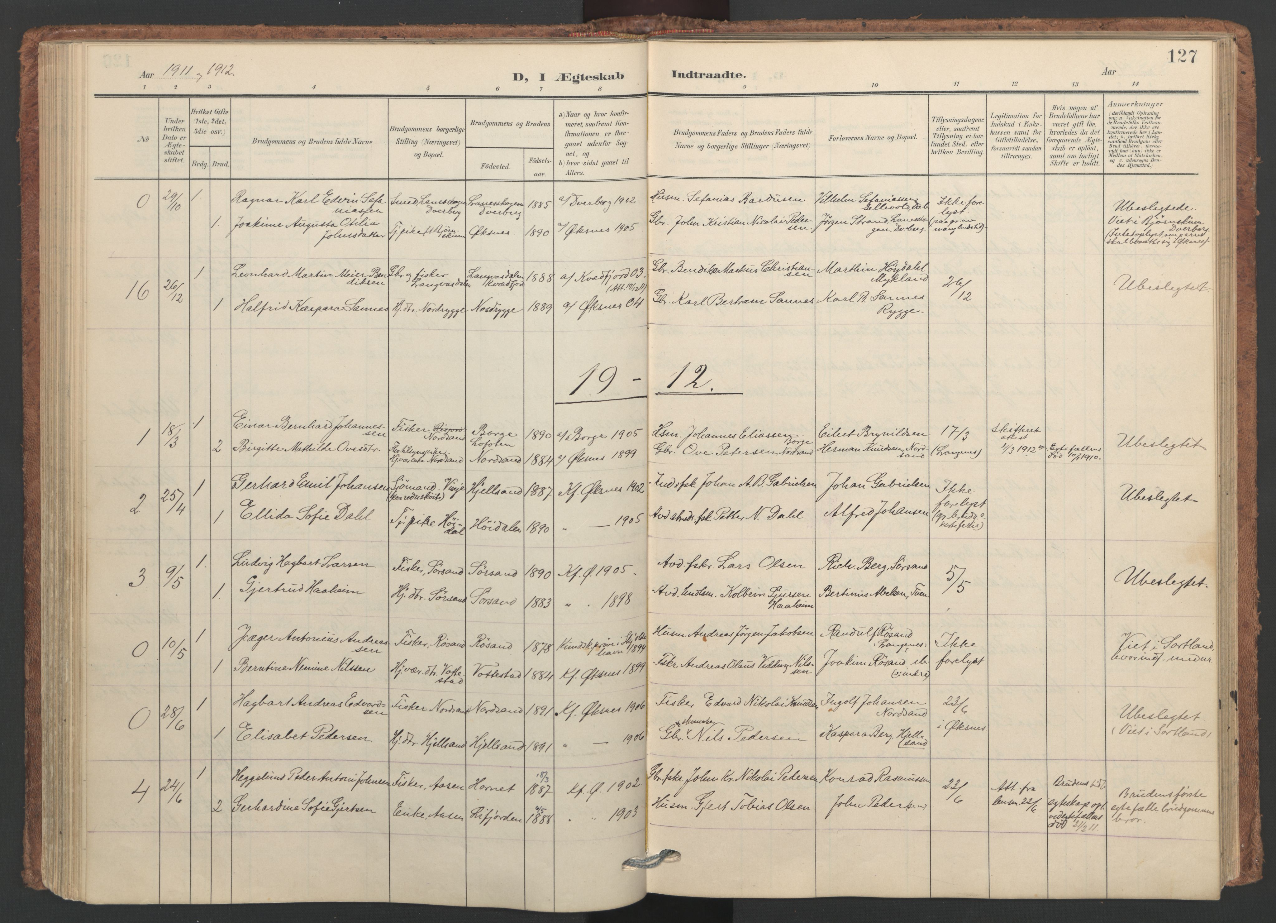 Ministerialprotokoller, klokkerbøker og fødselsregistre - Nordland, SAT/A-1459/893/L1339: Parish register (official) no. 893A11, 1904-1914, p. 127