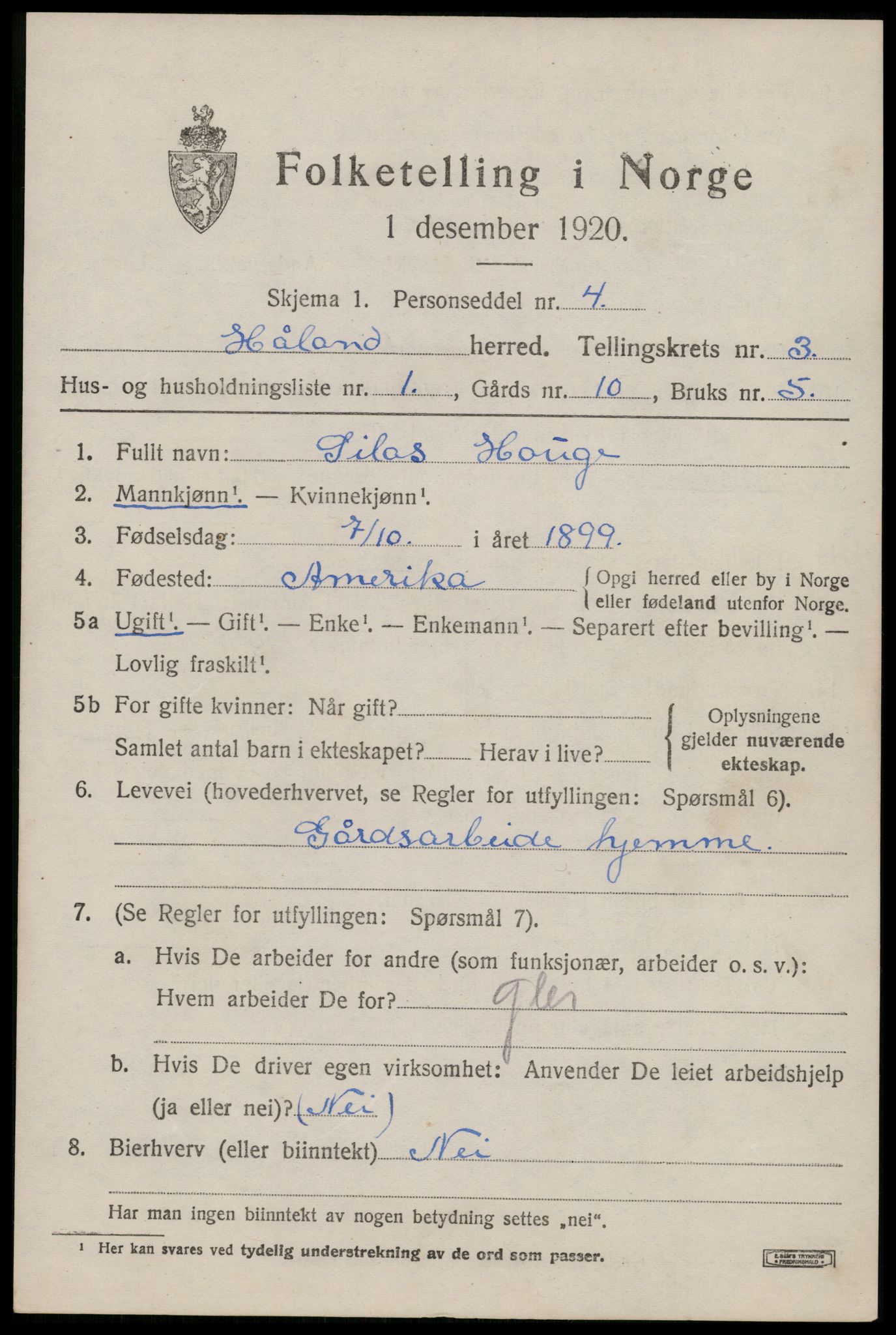 SAST, 1920 census for Håland, 1920, p. 3015