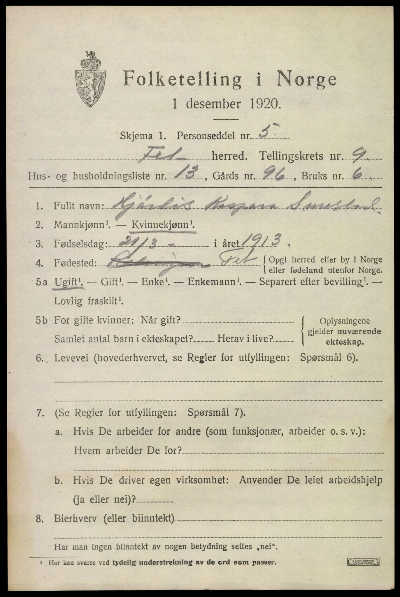 SAO, 1920 census for Fet, 1920, p. 9626