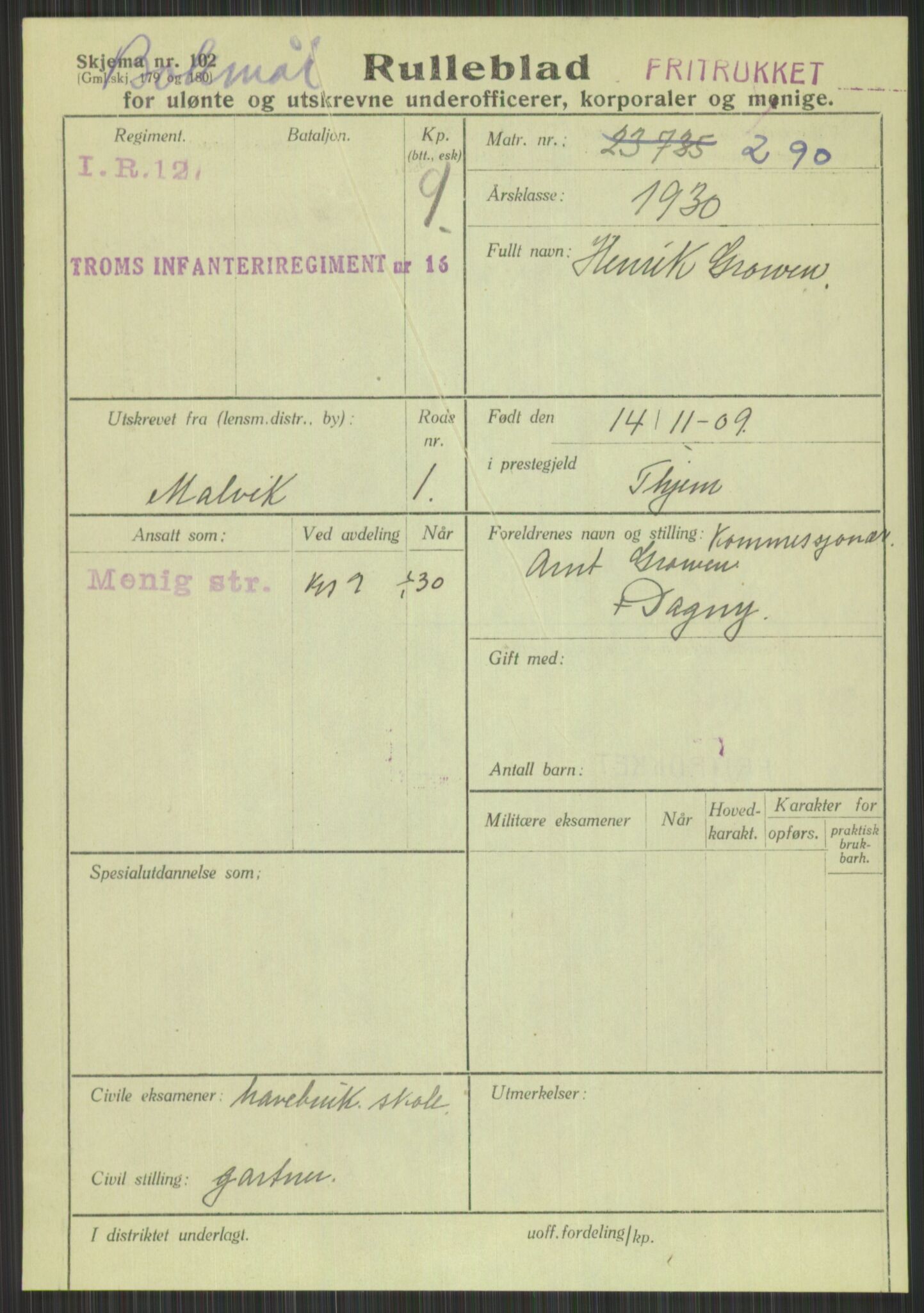 Forsvaret, Troms infanteriregiment nr. 16, AV/RA-RAFA-3146/P/Pa/L0014: Rulleblad for regimentets menige mannskaper, årsklasse 1930, 1930, p. 199