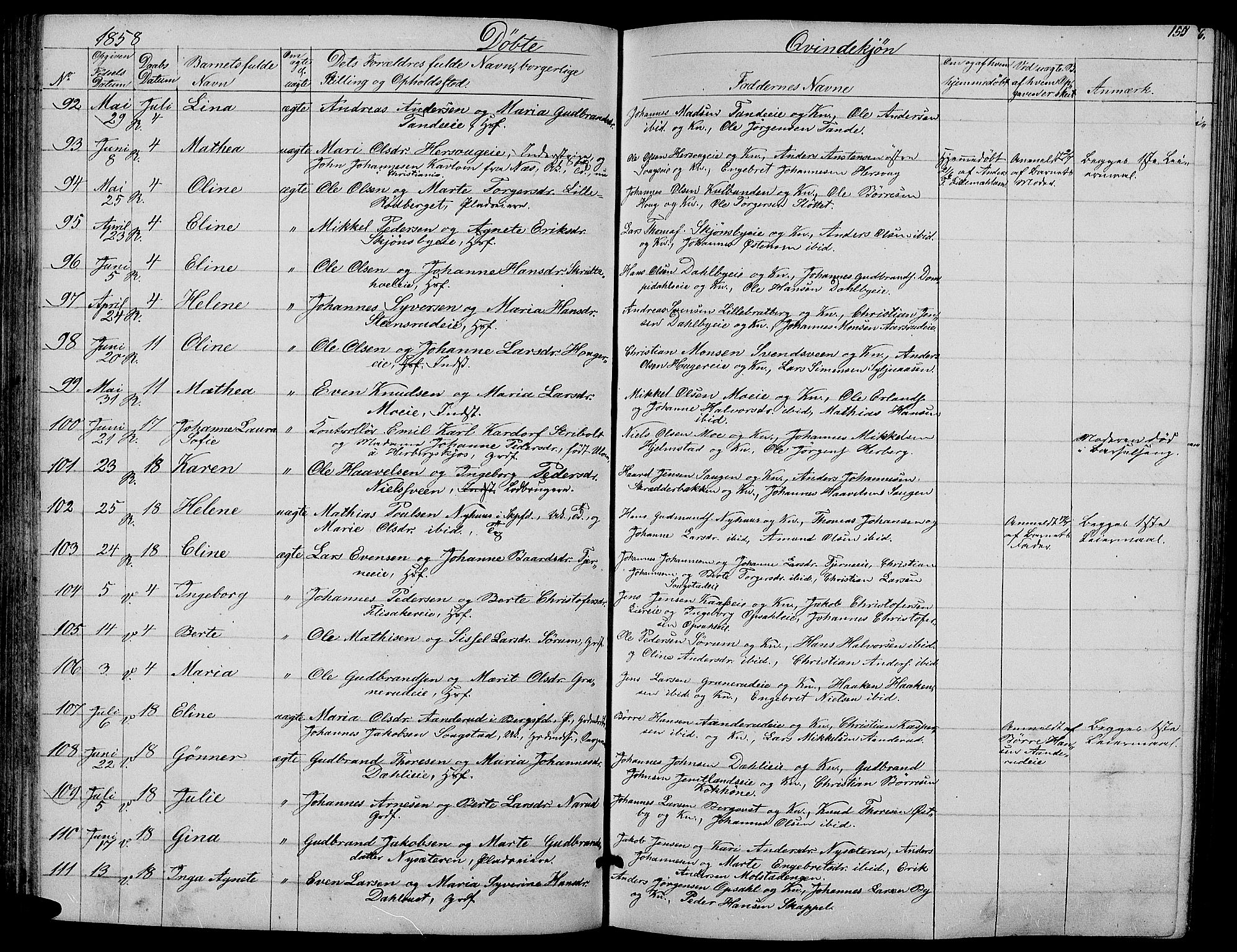 Ringsaker prestekontor, SAH/PREST-014/L/La/L0006: Parish register (copy) no. 6, 1851-1860, p. 155