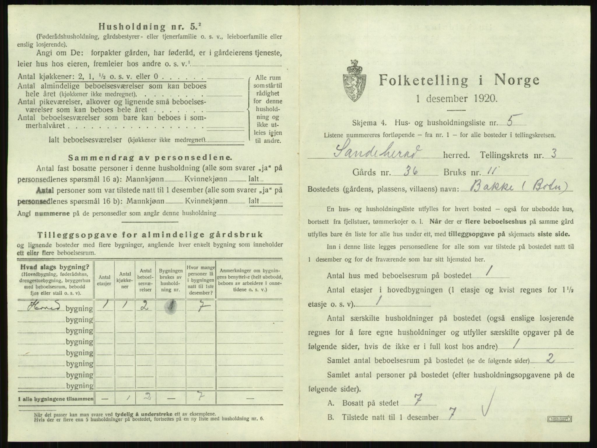 SAKO, 1920 census for Sandeherred, 1920, p. 391