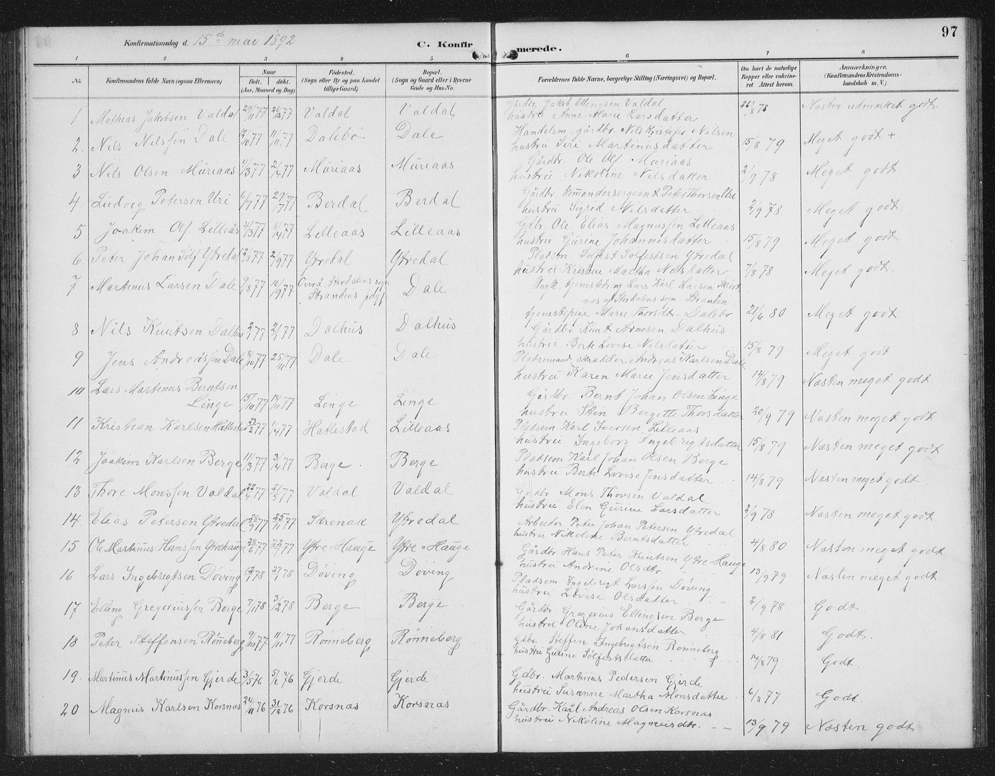 Ministerialprotokoller, klokkerbøker og fødselsregistre - Møre og Romsdal, AV/SAT-A-1454/519/L0264: Parish register (copy) no. 519C05, 1892-1910, p. 97