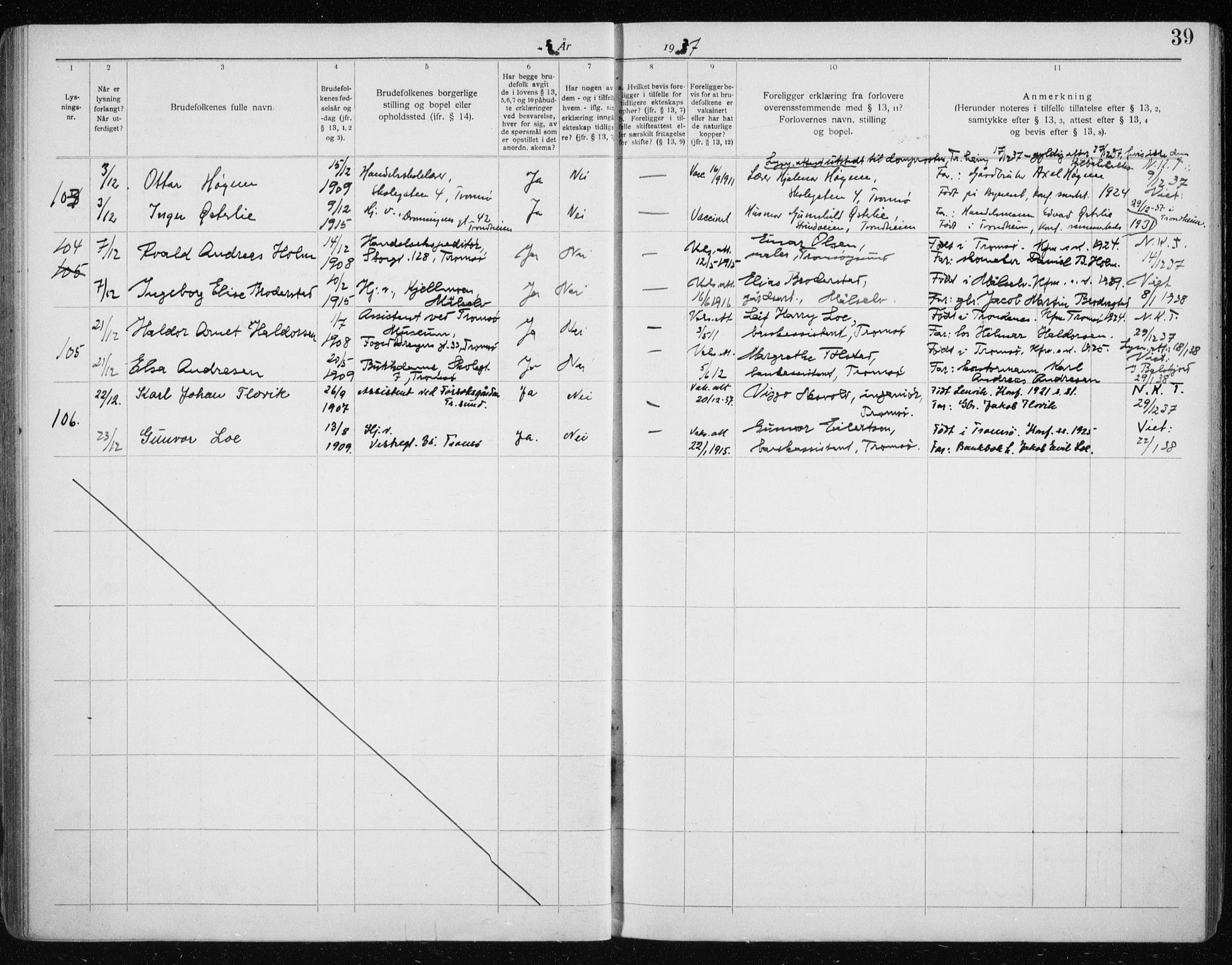 Tromsø sokneprestkontor/stiftsprosti/domprosti, AV/SATØ-S-1343/H/Hc/L0101: Banns register no. 101, 1933-1943, p. 39