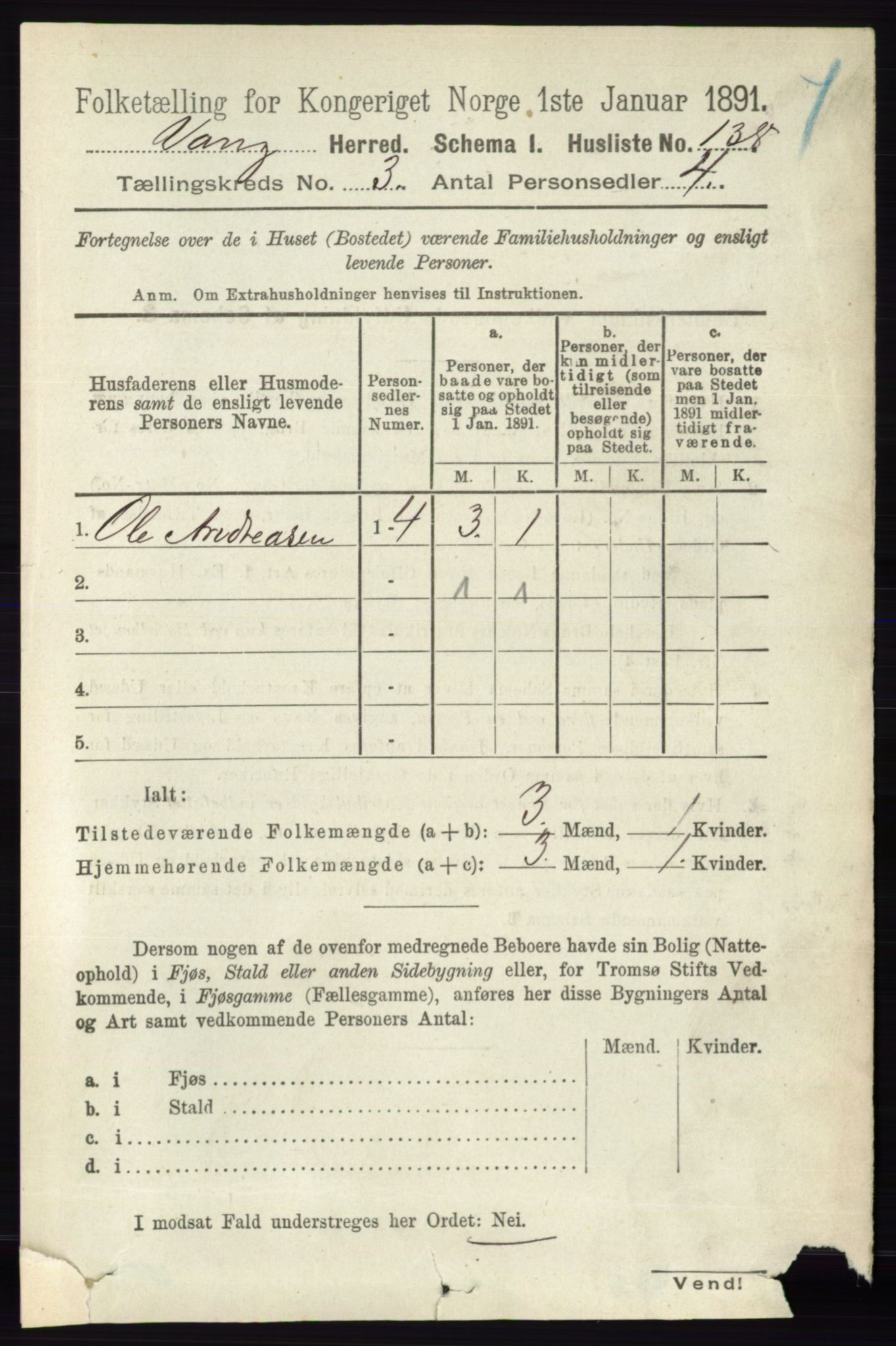 RA, 1891 census for 0414 Vang, 1891, p. 1890