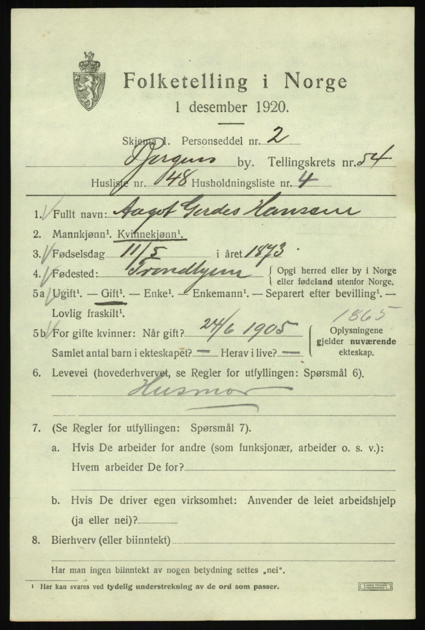 SAB, 1920 census for Bergen, 1920, p. 123685