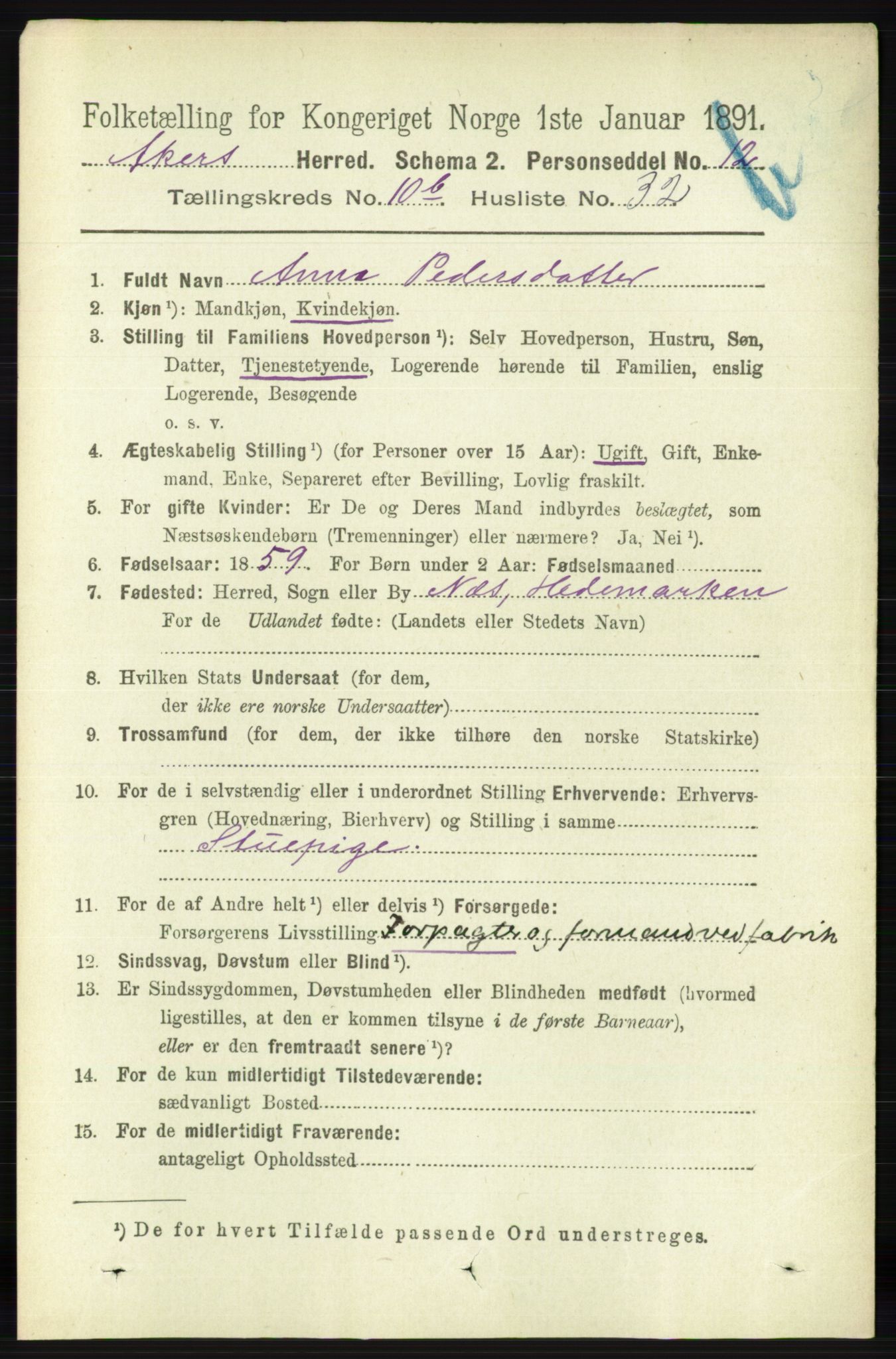 RA, 1891 census for 0218 Aker, 1891, p. 10039