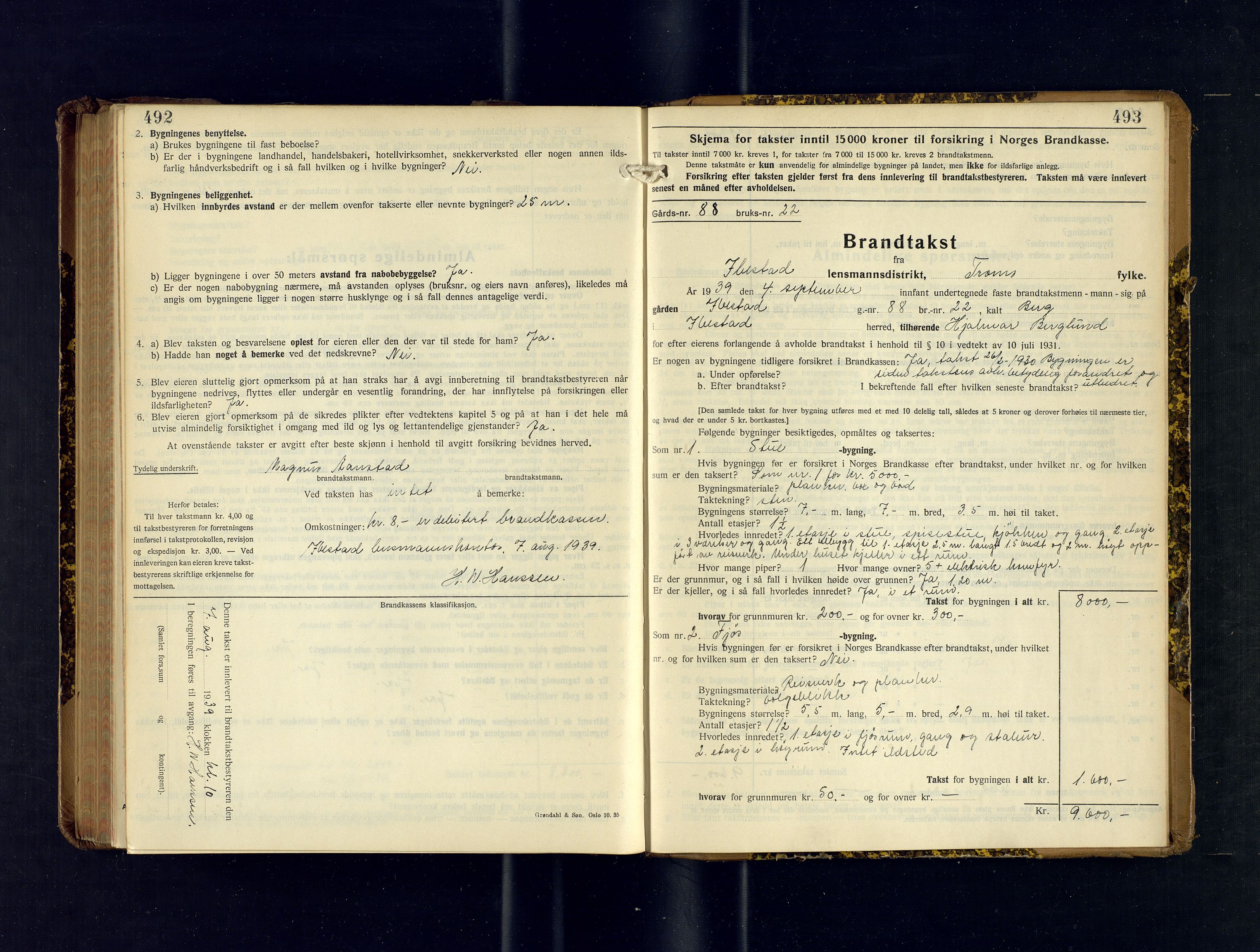 Ibestad lensmannskontor, AV/SATØ-S-1499/F/Fv/Fvh/L0284: Branntakstprotokoller, 1937-1939, p. 492-493