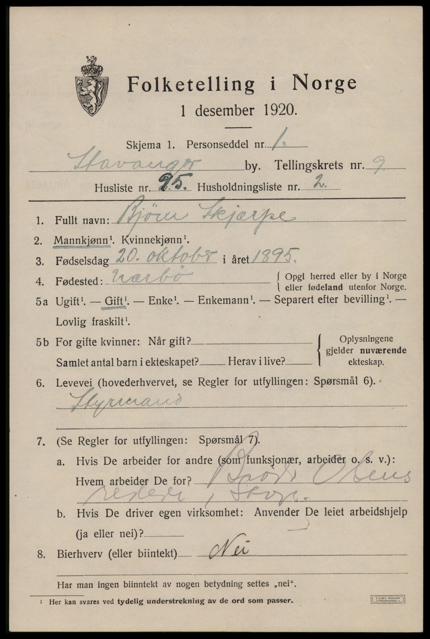 SAST, 1920 census for Stavanger, 1920, p. 51326