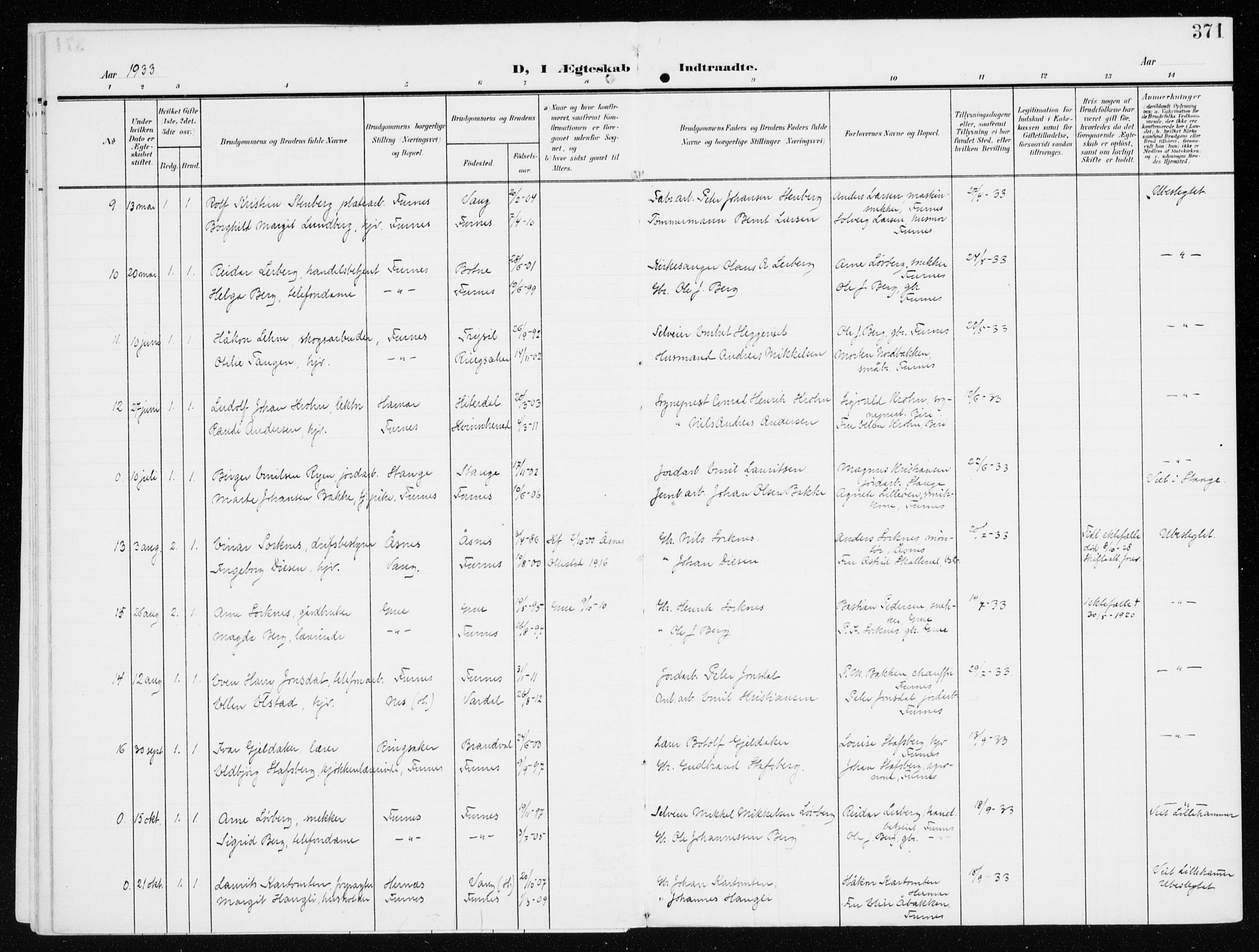 Furnes prestekontor, SAH/PREST-012/K/Ka/L0001: Parish register (official) no. 1, 1907-1935, p. 371