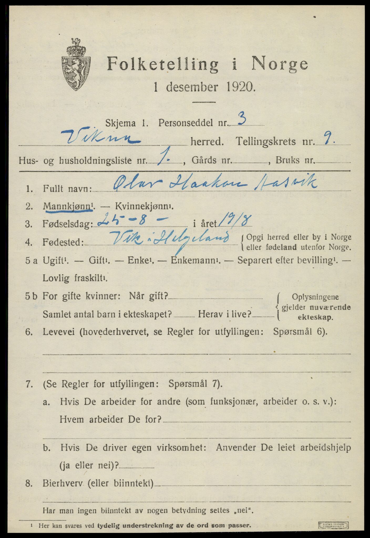 SAT, 1920 census for Vikna, 1920, p. 6445