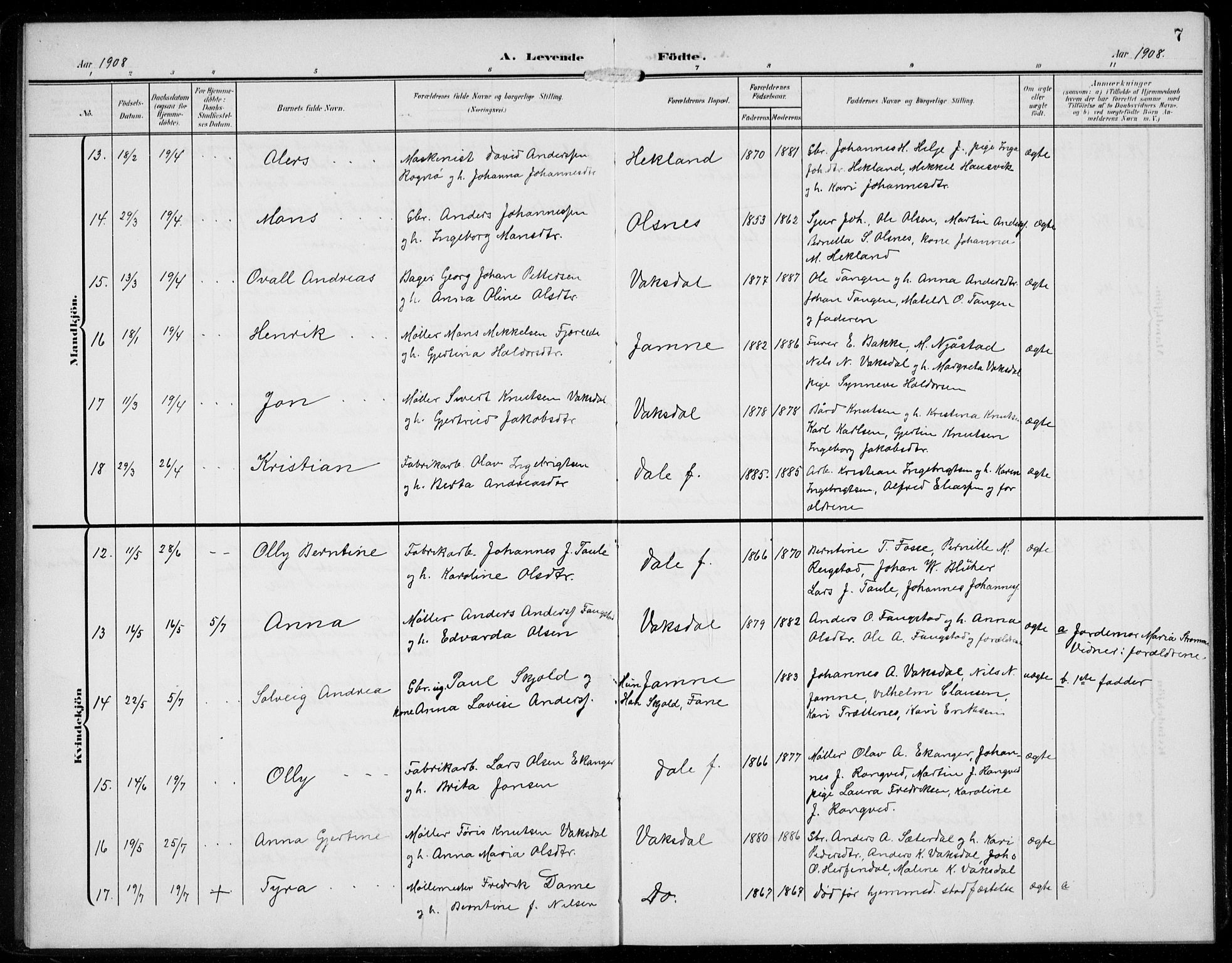 Bruvik Sokneprestembete, AV/SAB-A-74701/H/Hab: Parish register (copy) no. A  4, 1908-1937, p. 7