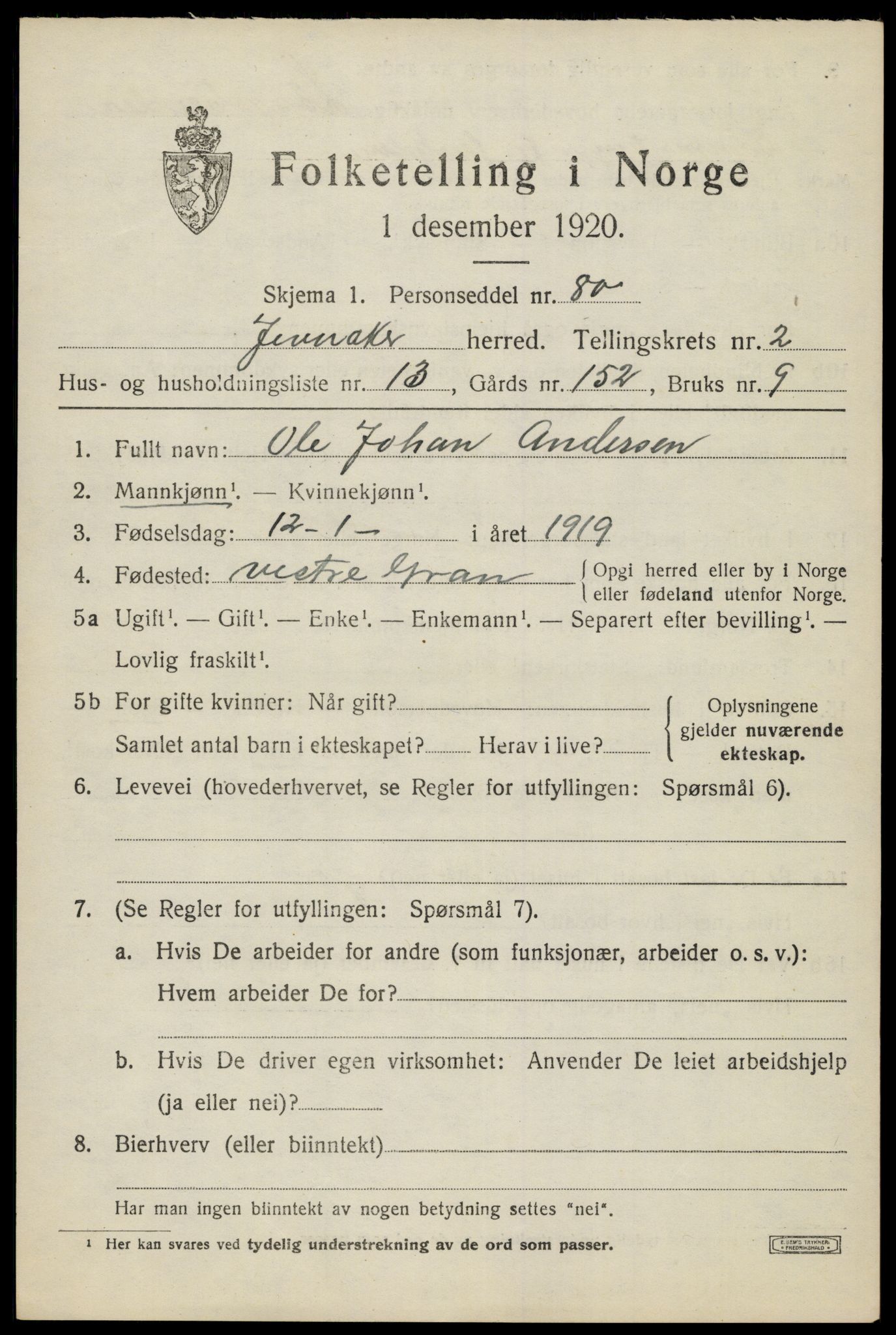 SAH, 1920 census for Jevnaker, 1920, p. 1565