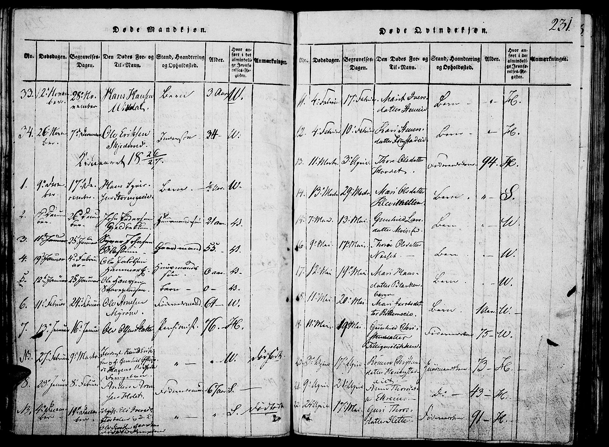 Vågå prestekontor, SAH/PREST-076/H/Ha/Hab/L0001: Parish register (copy) no. 1, 1815-1827, p. 230-231