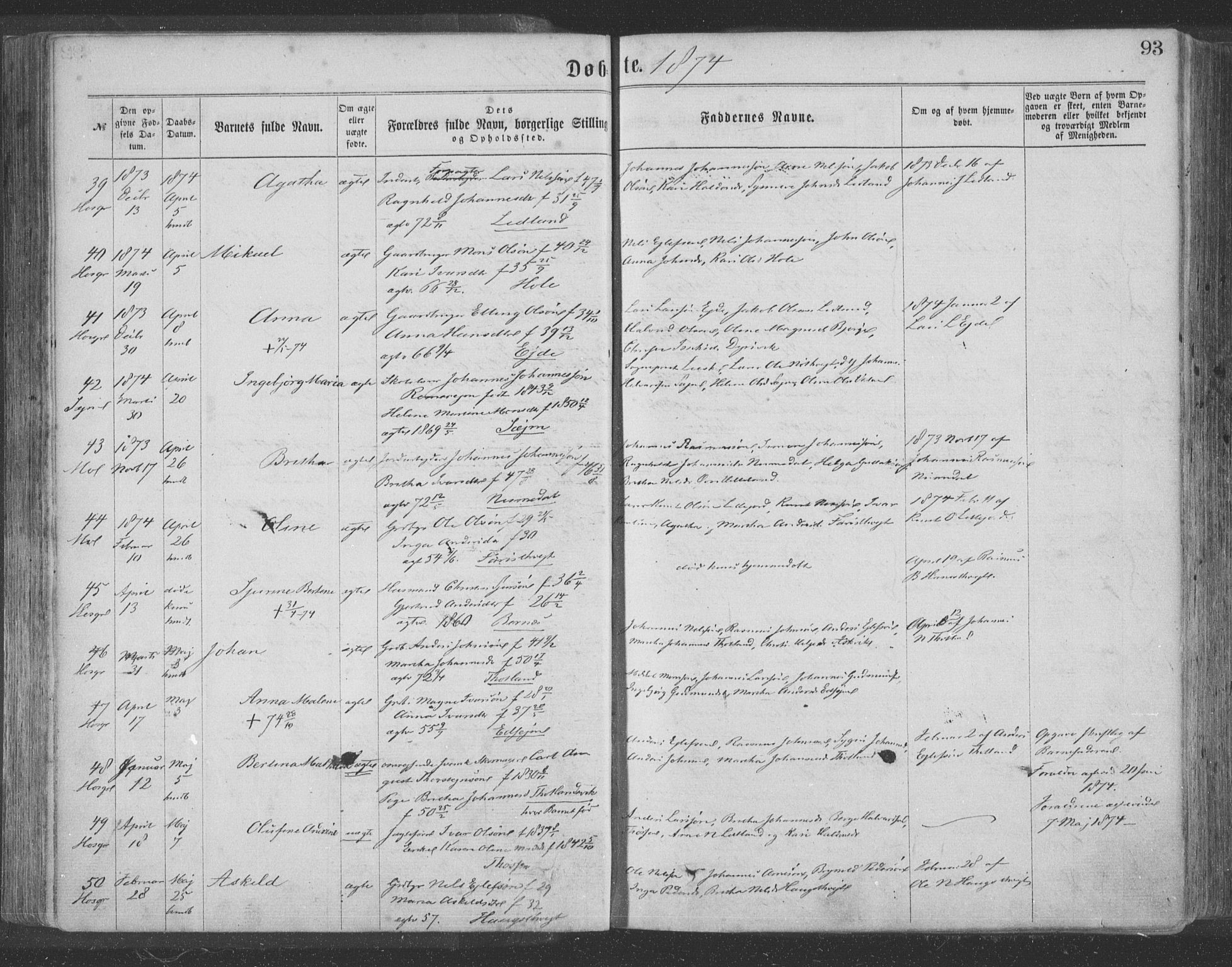 Hosanger sokneprestembete, AV/SAB-A-75801/H/Haa: Parish register (official) no. A 9, 1864-1876, p. 93