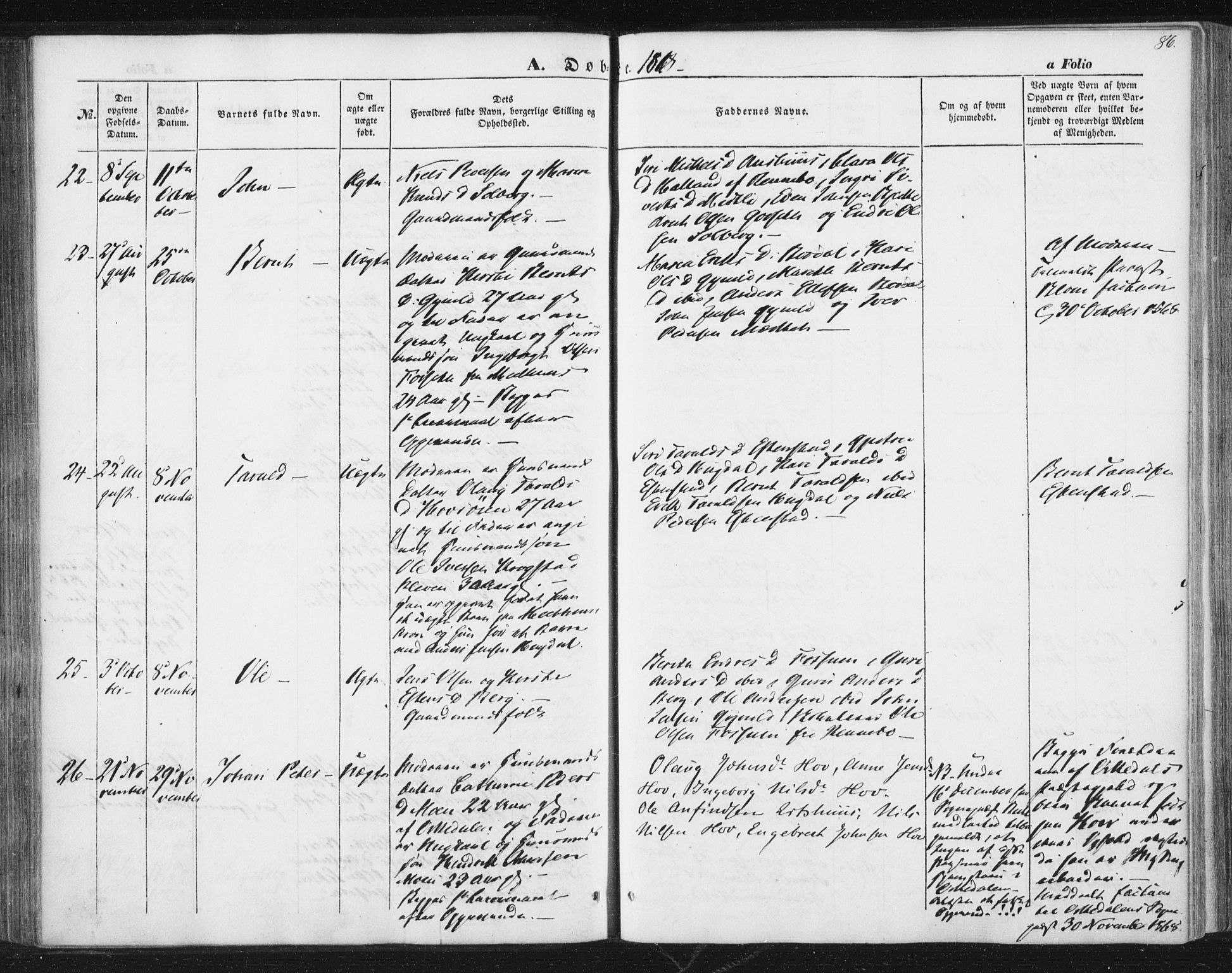Ministerialprotokoller, klokkerbøker og fødselsregistre - Sør-Trøndelag, SAT/A-1456/689/L1038: Parish register (official) no. 689A03, 1848-1872, p. 86