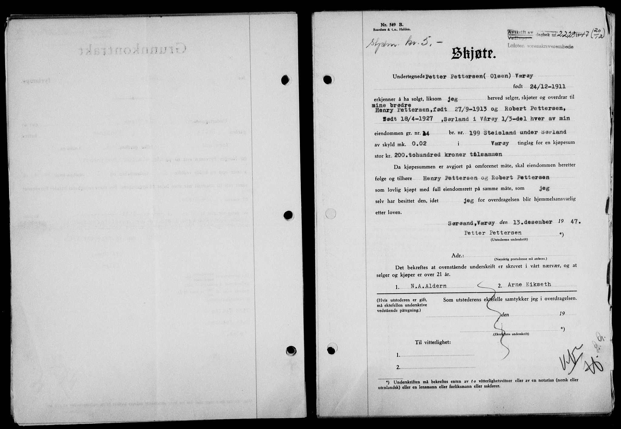 Lofoten sorenskriveri, SAT/A-0017/1/2/2C/L0017a: Mortgage book no. 17a, 1947-1948, Diary no: : 2223/1947