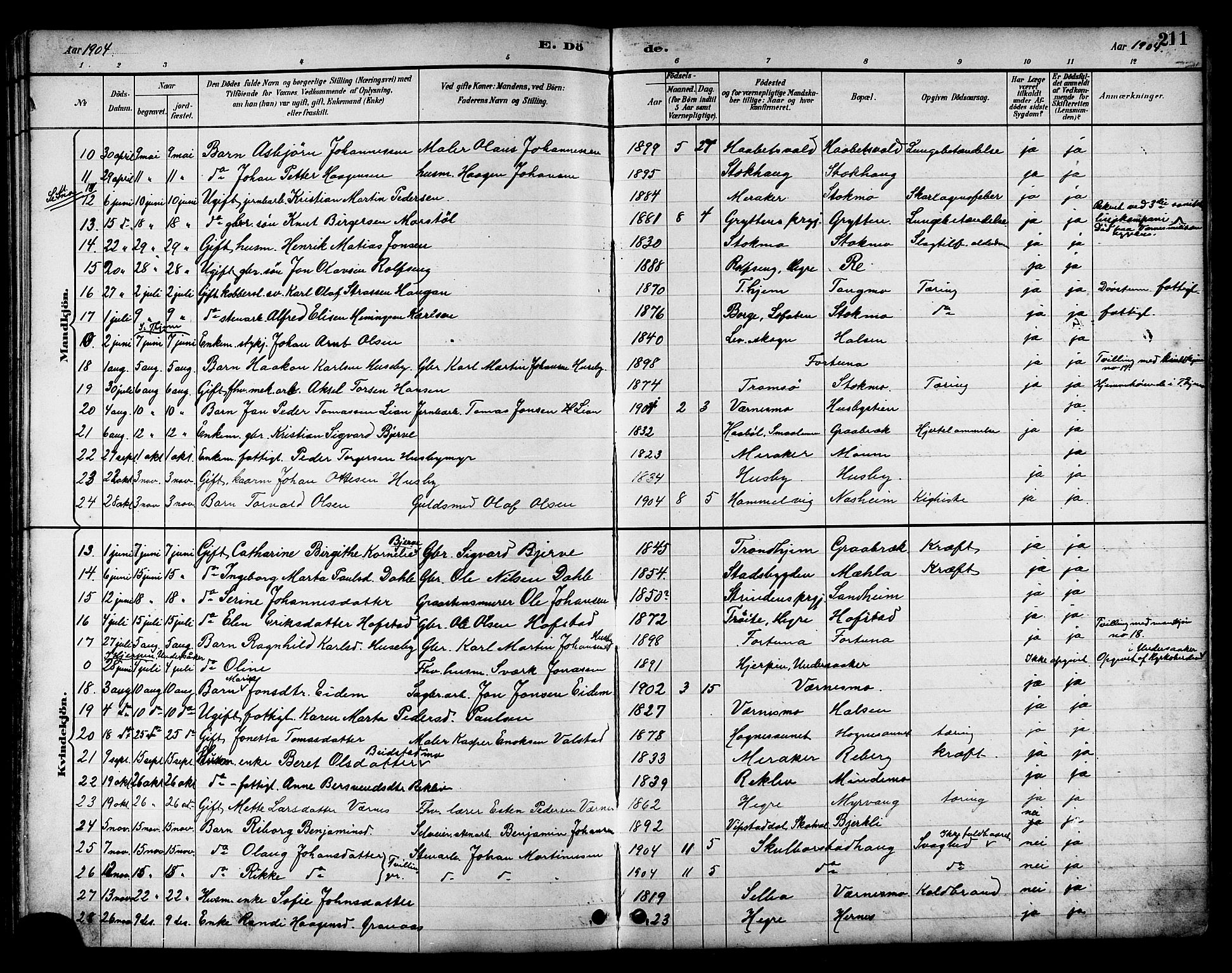 Ministerialprotokoller, klokkerbøker og fødselsregistre - Nord-Trøndelag, SAT/A-1458/709/L0087: Parish register (copy) no. 709C01, 1892-1913, p. 211