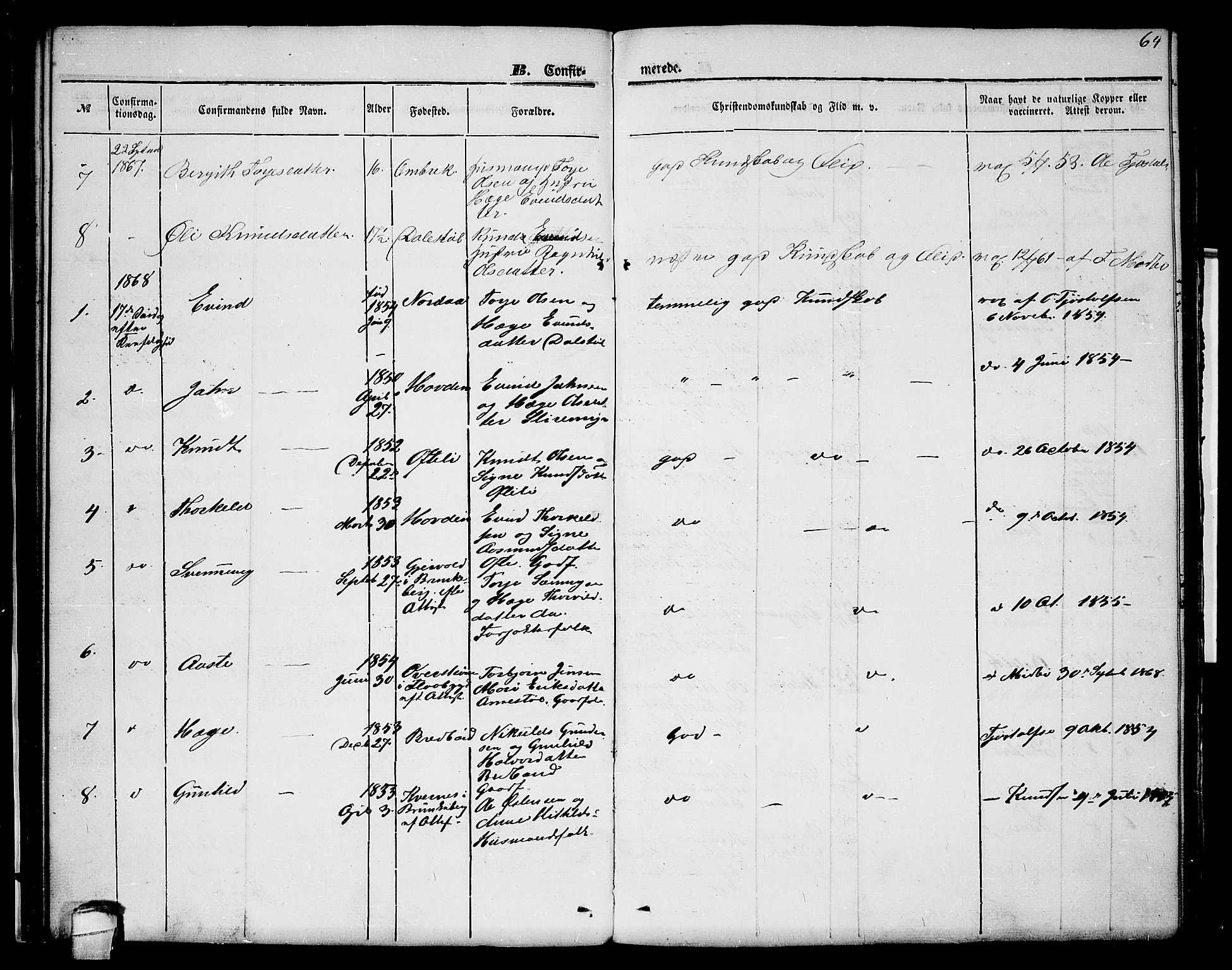 Lårdal kirkebøker, SAKO/A-284/G/Gc/L0002: Parish register (copy) no. III 2, 1852-1877, p. 64