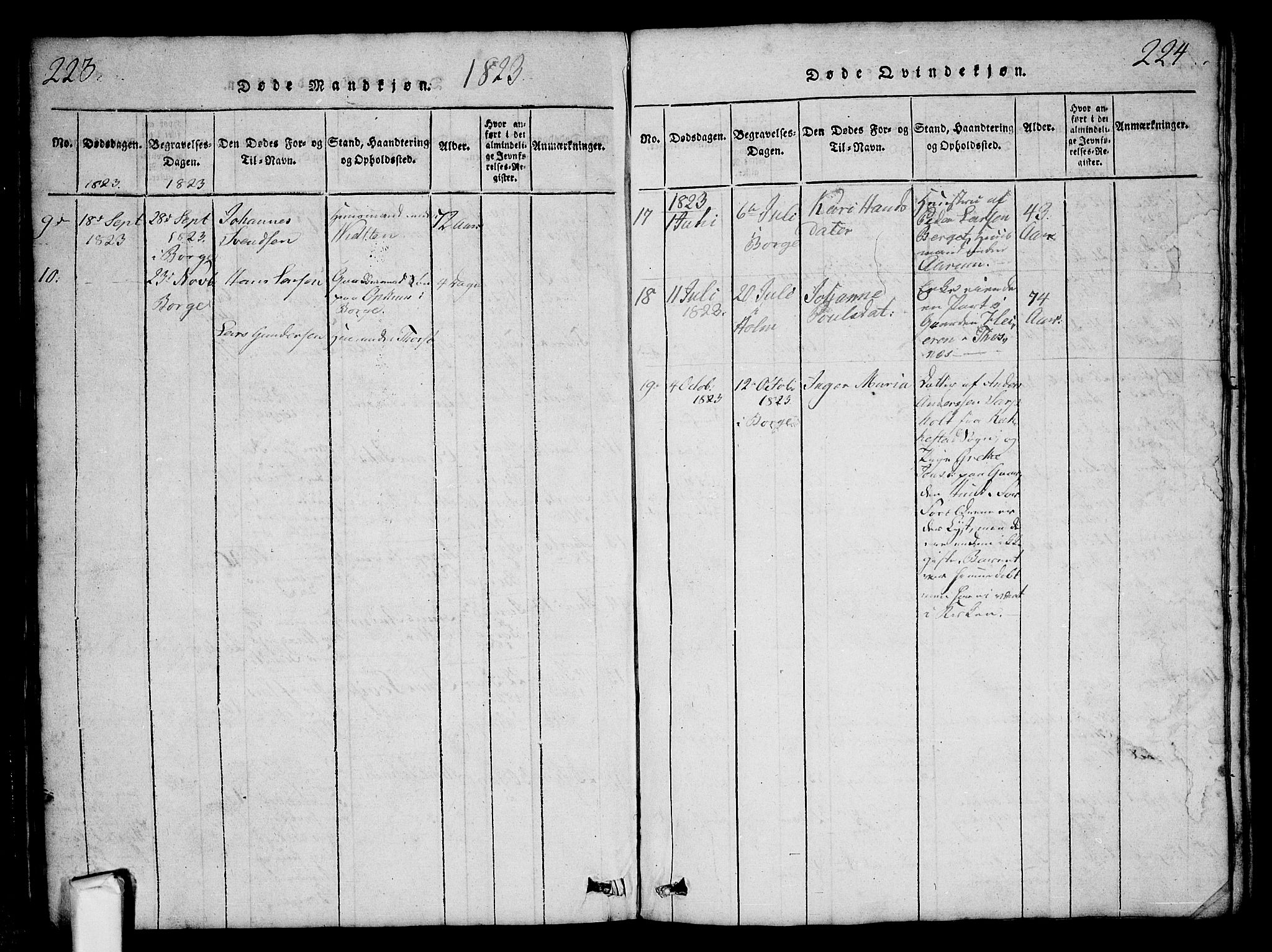 Borge prestekontor Kirkebøker, AV/SAO-A-10903/G/Ga/L0001: Parish register (copy) no.  I 1, 1815-1835, p. 223-224