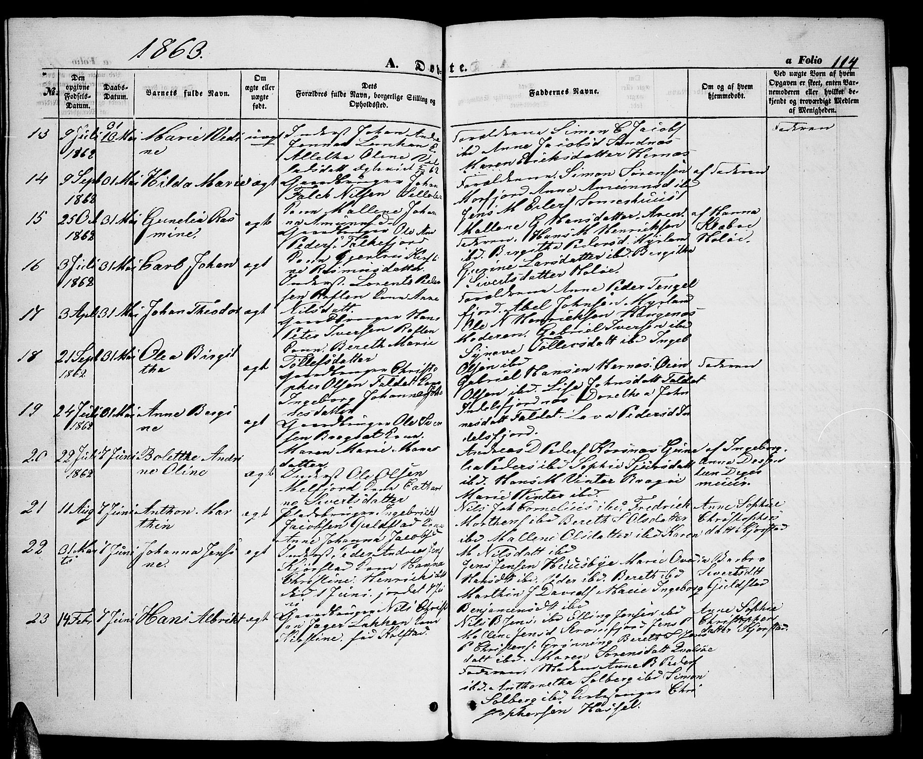 Ministerialprotokoller, klokkerbøker og fødselsregistre - Nordland, AV/SAT-A-1459/888/L1265: Parish register (copy) no. 888C03, 1850-1863, p. 114