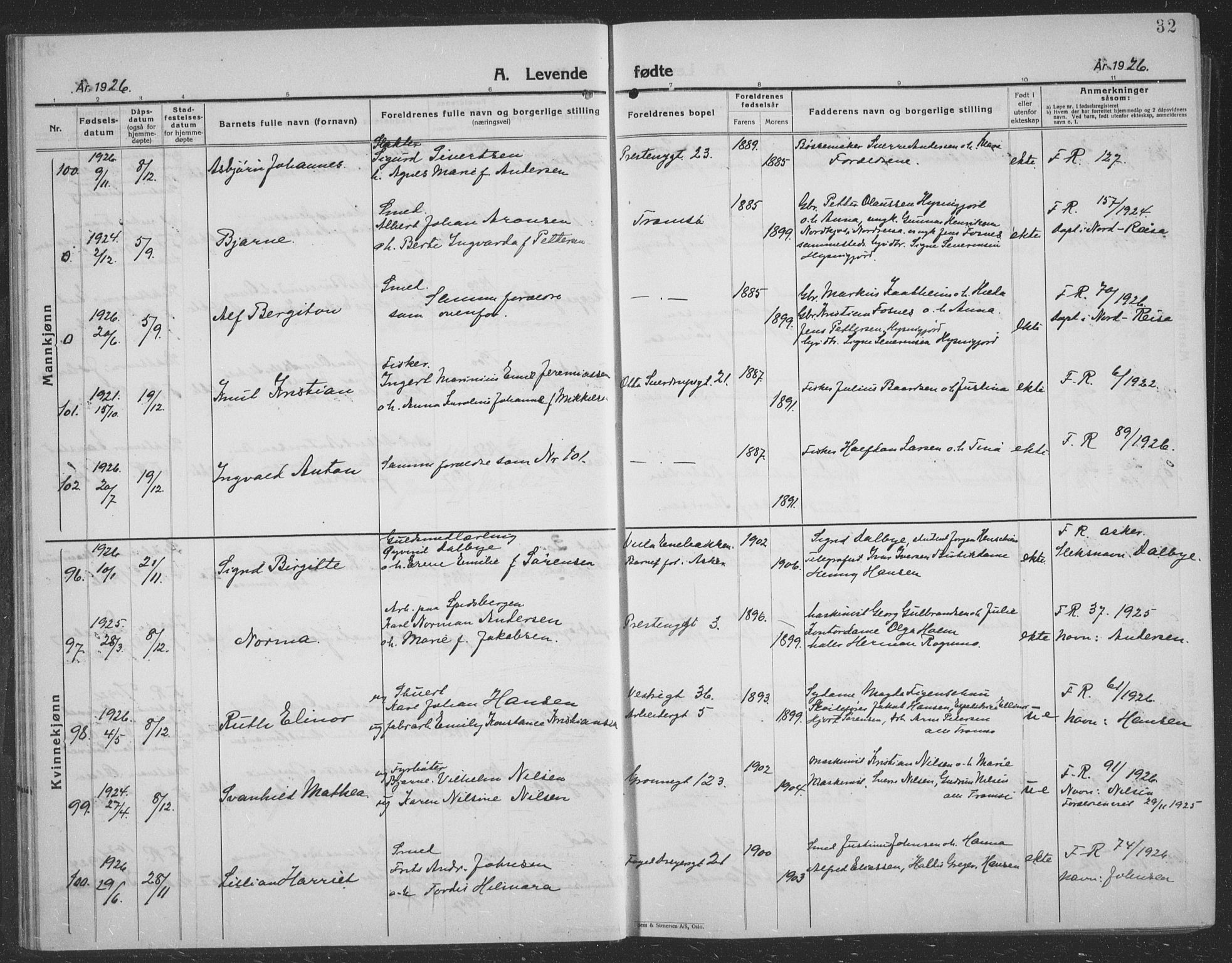 Tromsø sokneprestkontor/stiftsprosti/domprosti, AV/SATØ-S-1343/G/Gb/L0010klokker: Parish register (copy) no. 10, 1925-1937, p. 32