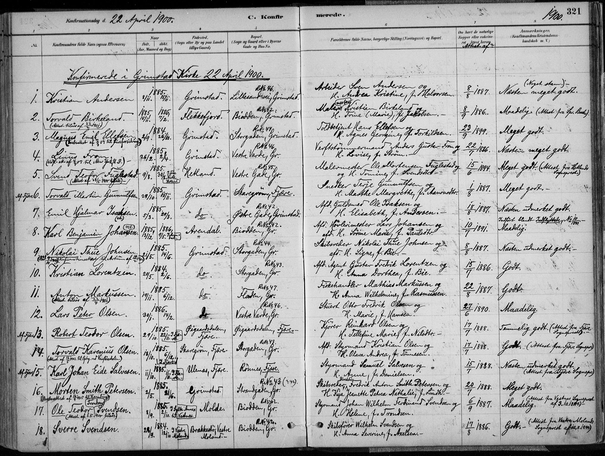 Grimstad sokneprestkontor, SAK/1111-0017/F/Fa/L0003: Parish register (official) no. A 2, 1882-1912, p. 321