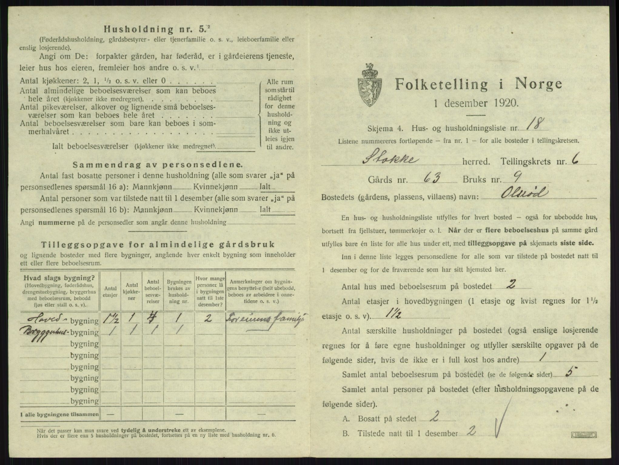 SAKO, 1920 census for Stokke, 1920, p. 1134