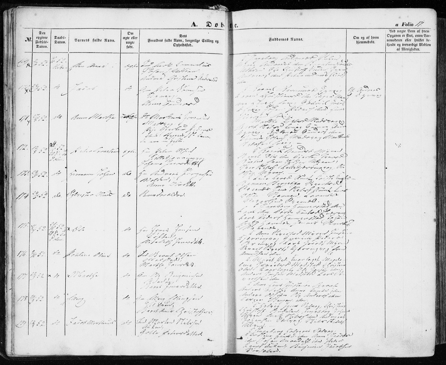 Ministerialprotokoller, klokkerbøker og fødselsregistre - Sør-Trøndelag, SAT/A-1456/634/L0530: Parish register (official) no. 634A06, 1852-1860, p. 17