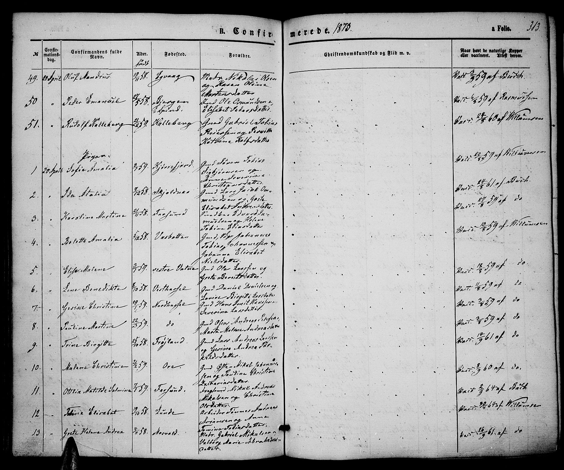 Lista sokneprestkontor, AV/SAK-1111-0027/F/Fb/L0003: Parish register (copy) no. B 3, 1862-1877, p. 313