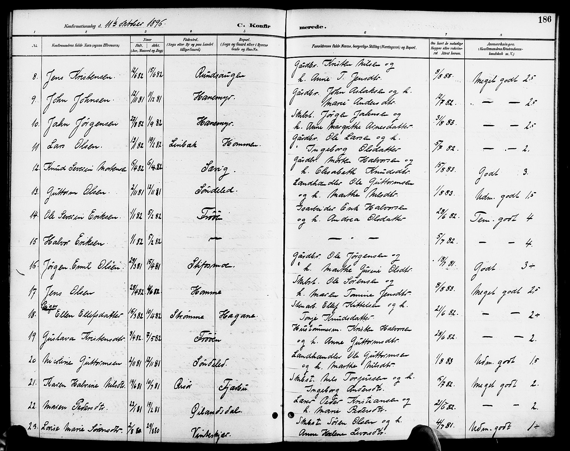 Søndeled sokneprestkontor, AV/SAK-1111-0038/F/Fa/L0005: Parish register (official) no. A 5, 1889-1899, p. 186