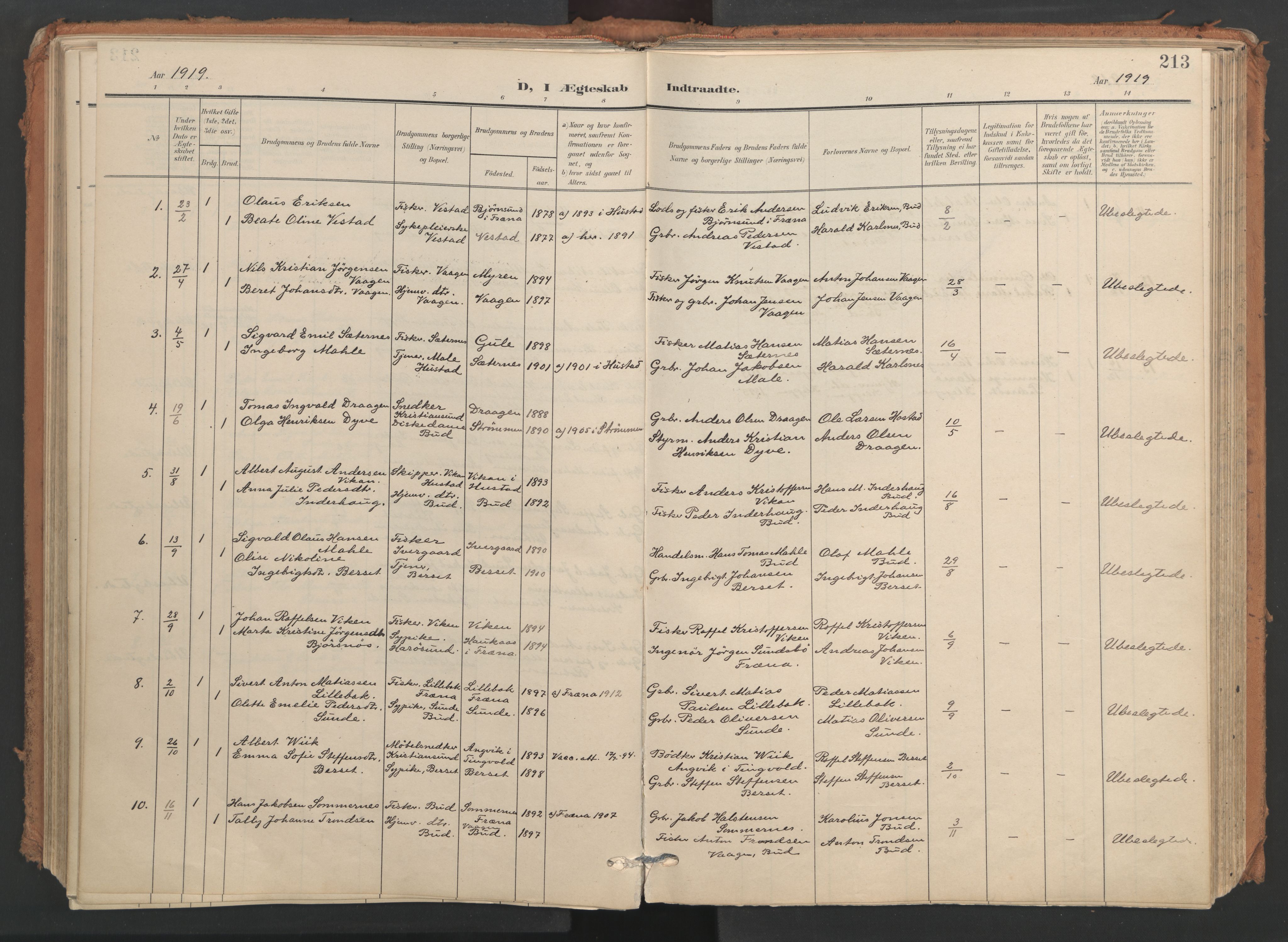 Ministerialprotokoller, klokkerbøker og fødselsregistre - Møre og Romsdal, SAT/A-1454/566/L0771: Parish register (official) no. 566A10, 1904-1929, p. 213