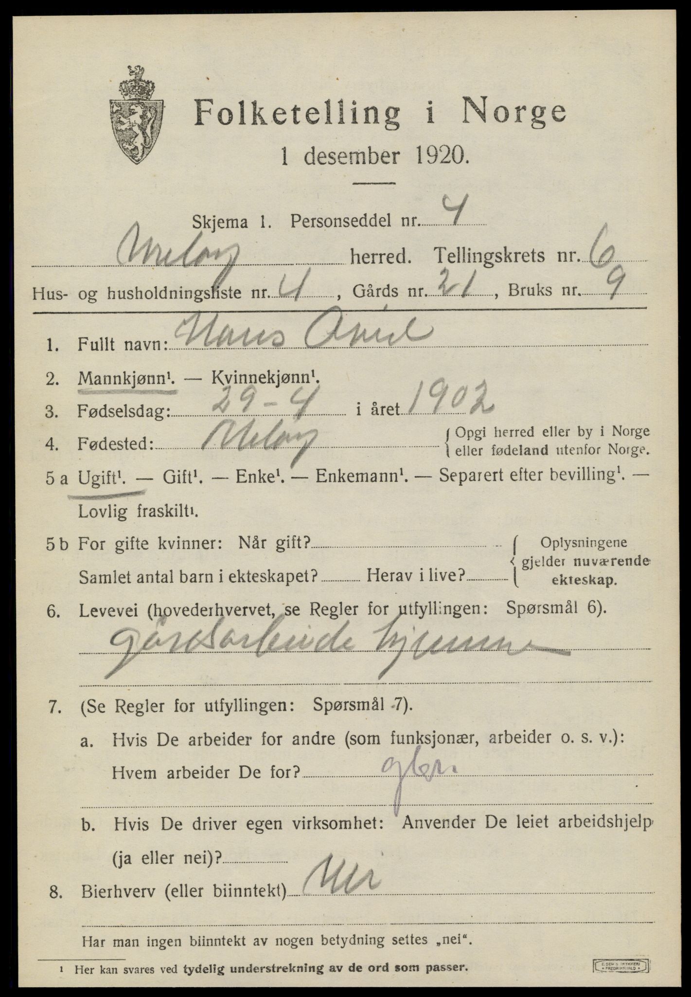 SAT, 1920 census for Meløy, 1920, p. 3441