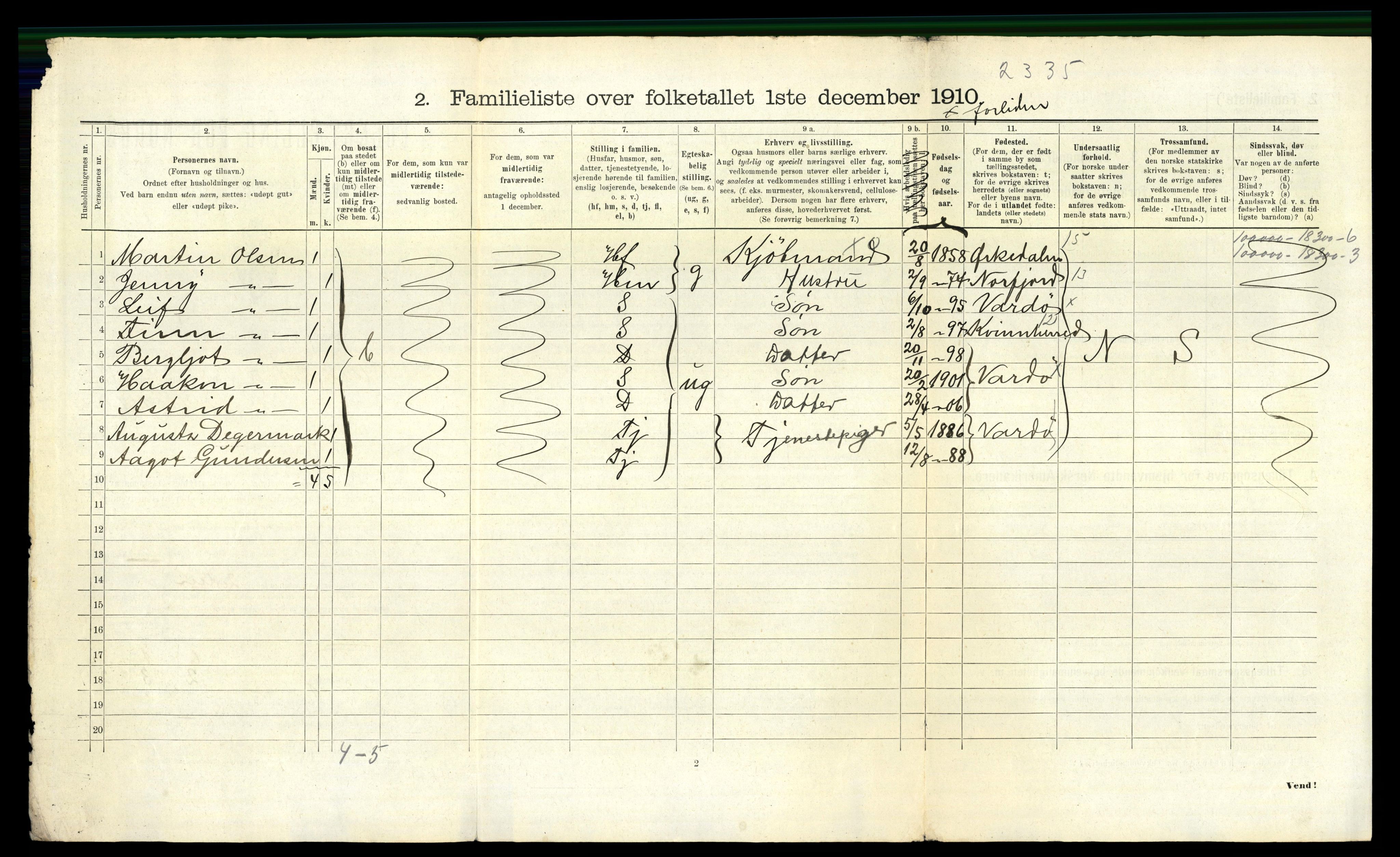 RA, 1910 census for Vardø, 1910, p. 1607