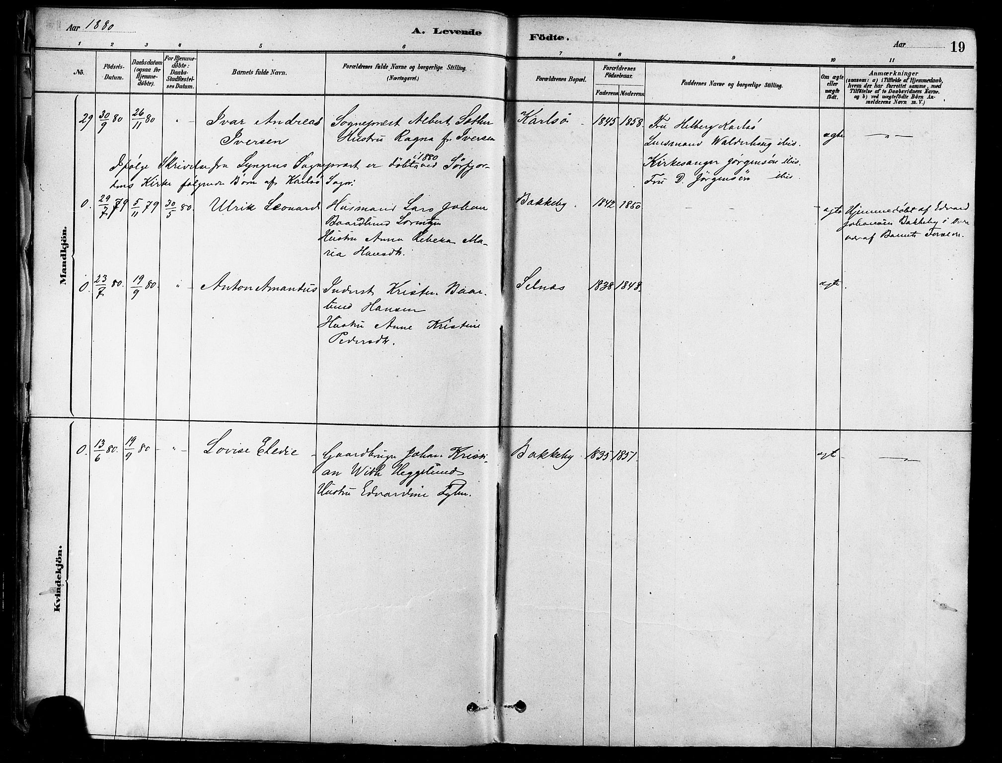 Karlsøy sokneprestembete, AV/SATØ-S-1299/H/Ha/Haa/L0006kirke: Parish register (official) no. 6, 1879-1890, p. 19