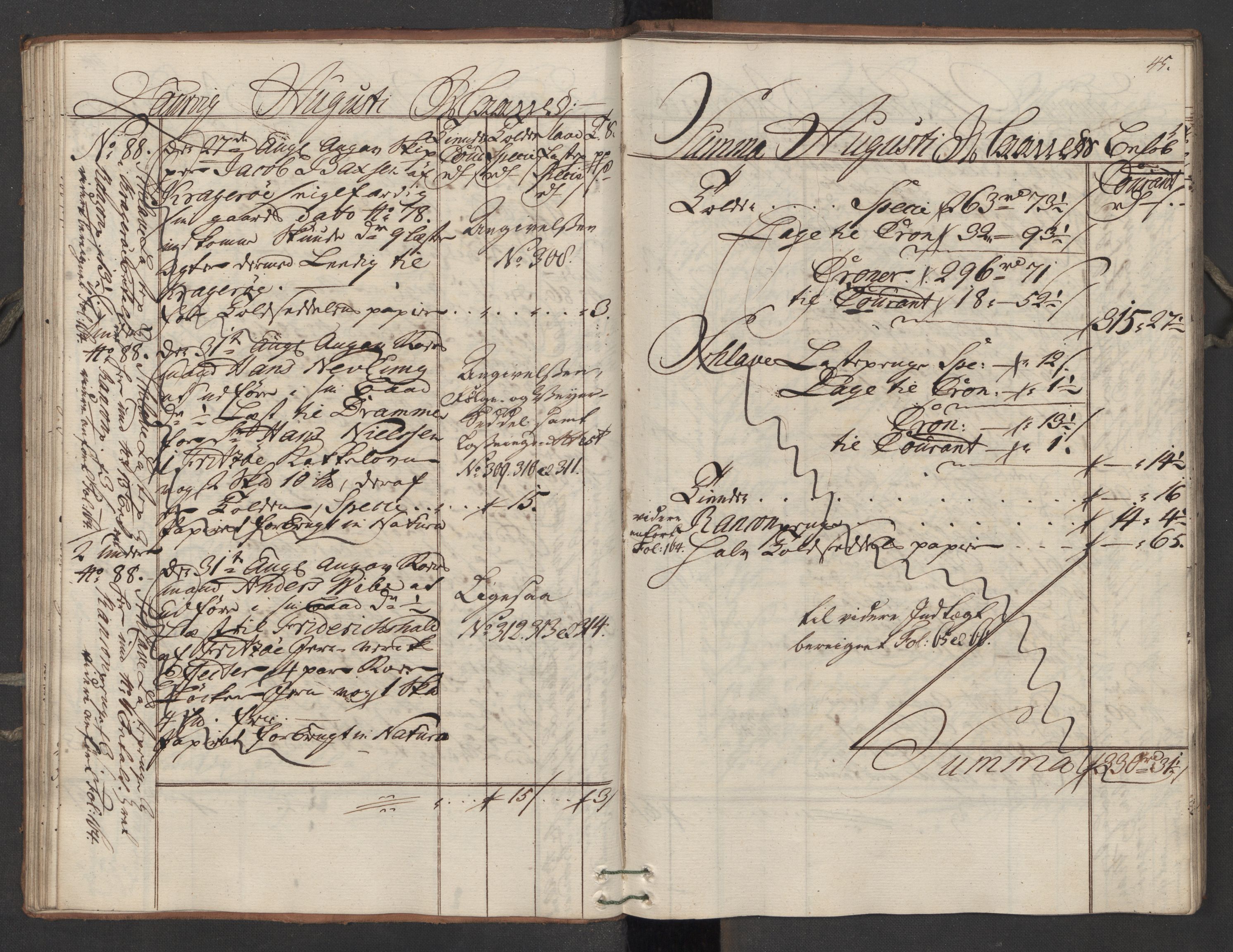 Generaltollkammeret, tollregnskaper, AV/RA-EA-5490/R11/L0039/0001: Tollregnskaper Larvik og Sandefjord / Utgående hovedtollbok, 1762, p. 44b-45a